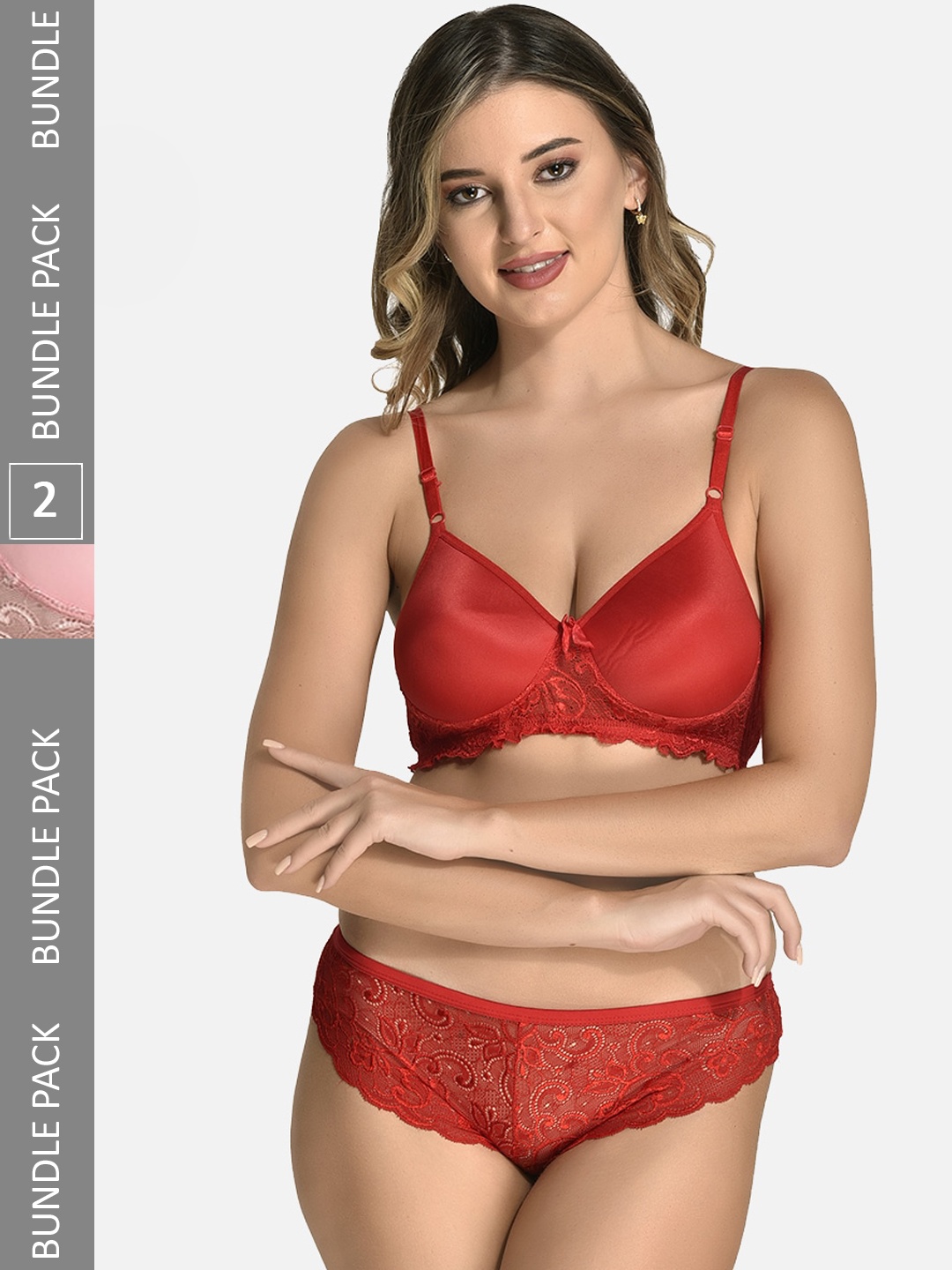 

StyFun Pack Of 2 Self-Design Lace Lightly Padded Lingerie Set, Red