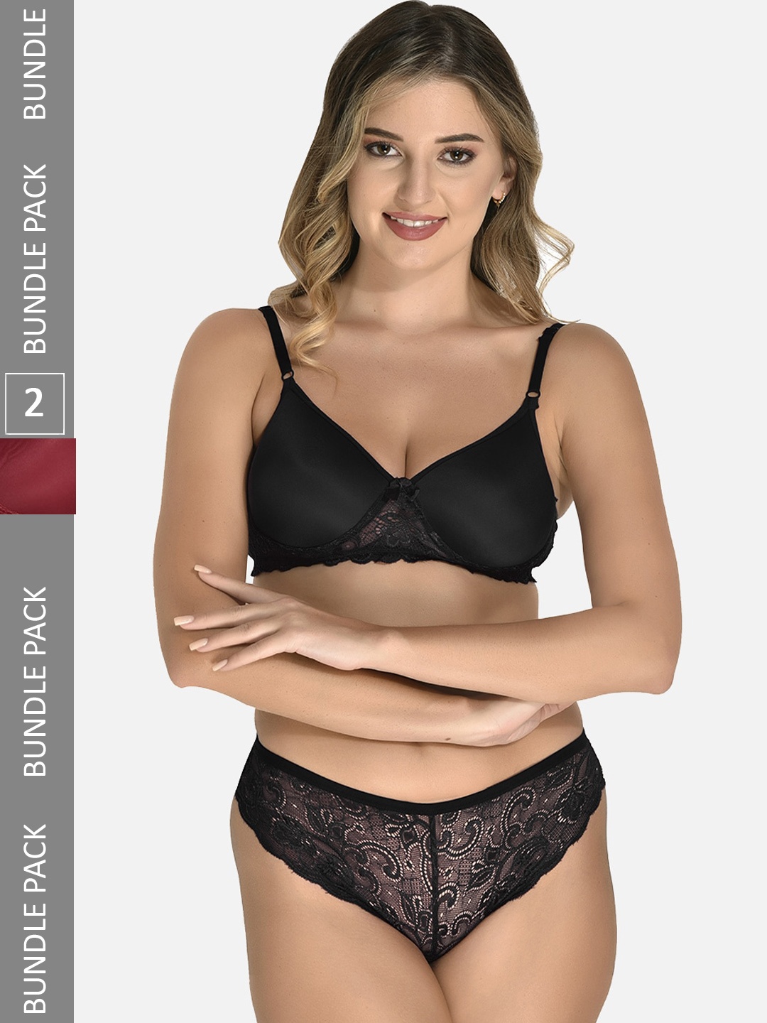 

StyFun Pack Of 2 Self-Designed Lingerie Set LS_Jas_Min_Set_BlackMaroon_B, Black