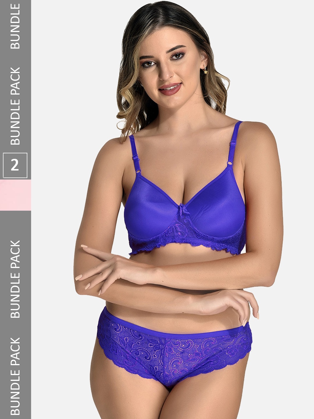 

StyFun Pack Of 2 Self Design Laced Lingerie Set LS_Jas_Min_Set_BluePink_B, Blue