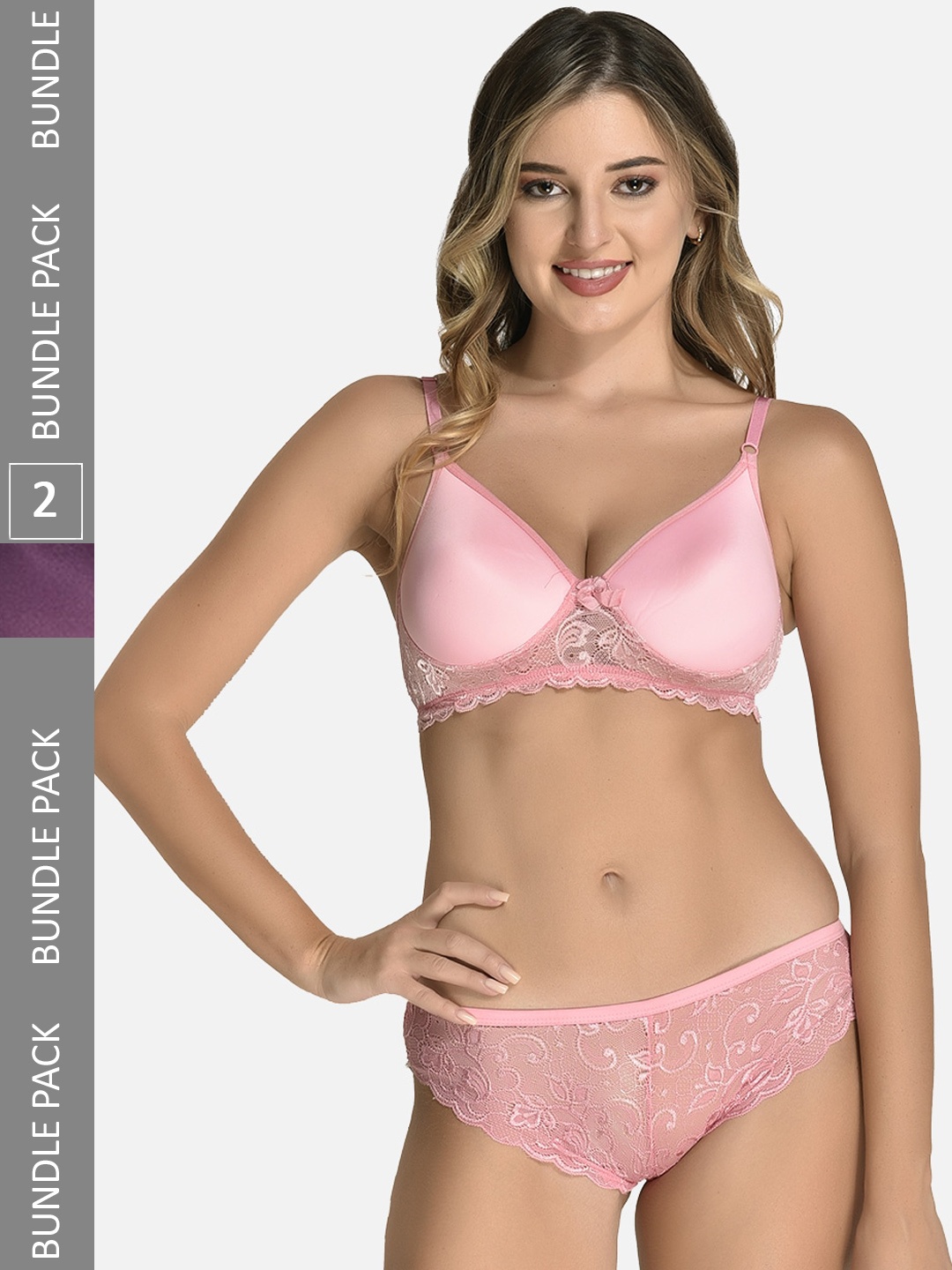 

StyFun Pack Of 2 Self Design Laced Lingerie Set LS_Jas_Min_Set_PinkPurple_B, Purple