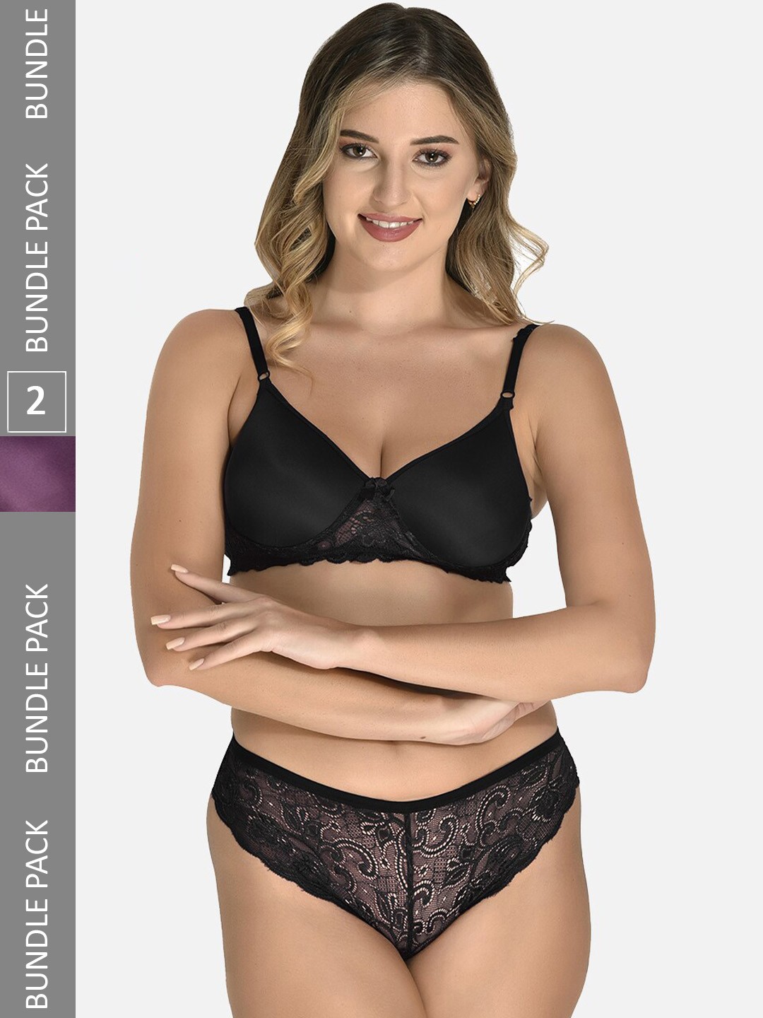 

StyFun Pack Of 2 Self Design Laced Lingerie SetLS_Jas_Min_Set_BlackPurple_B, Black