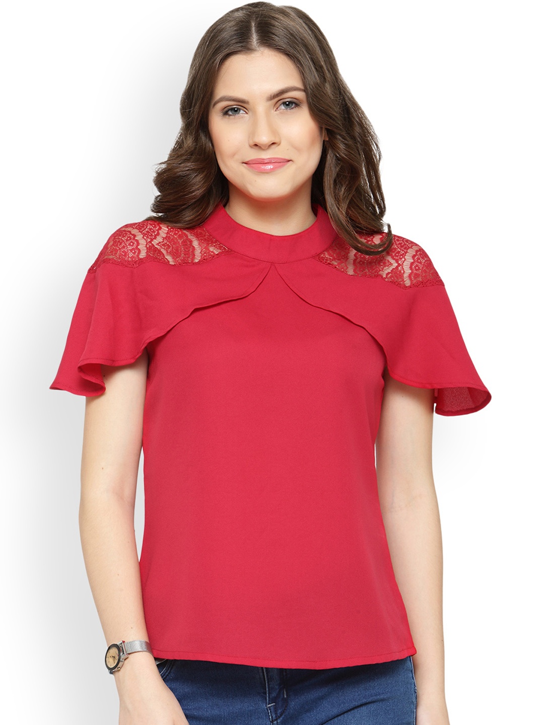 

plusS Women Red Solid Top with Lace Trims