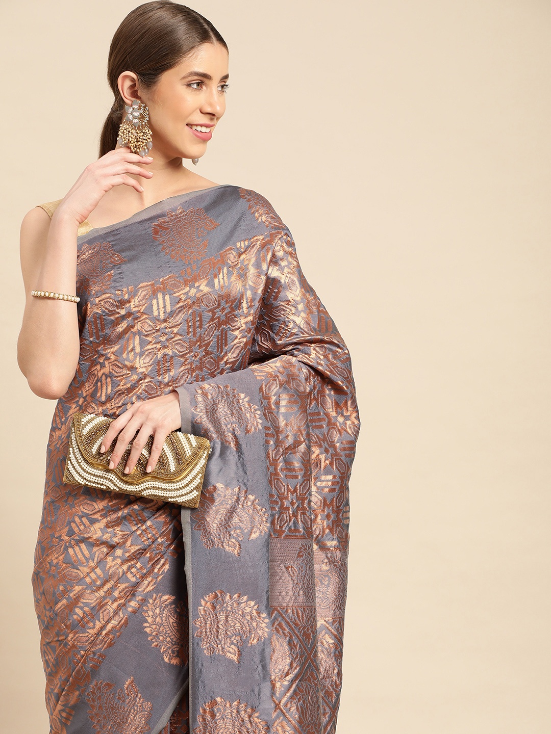 

Pothys Woven Design Ethnic Motifs Zari Jute Silk Saree, Grey