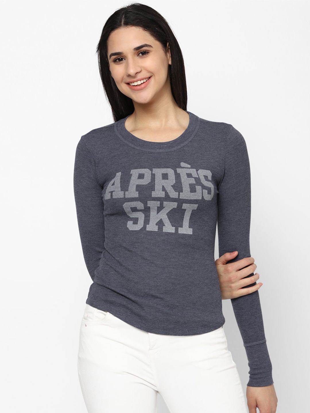 

AMERICAN EAGLE OUTFITTERS Women Typography Printed T-shirt, Navy blue
