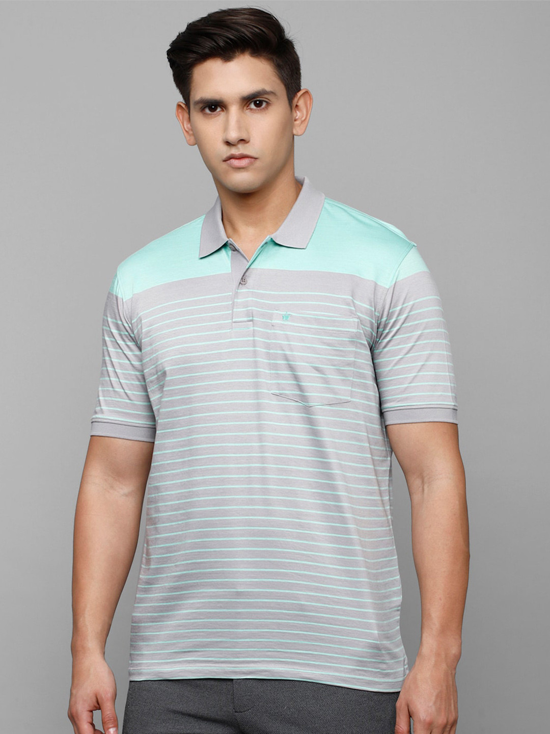 

Louis Philippe Men Striped Polo Collar Cotton T-shirt, Grey