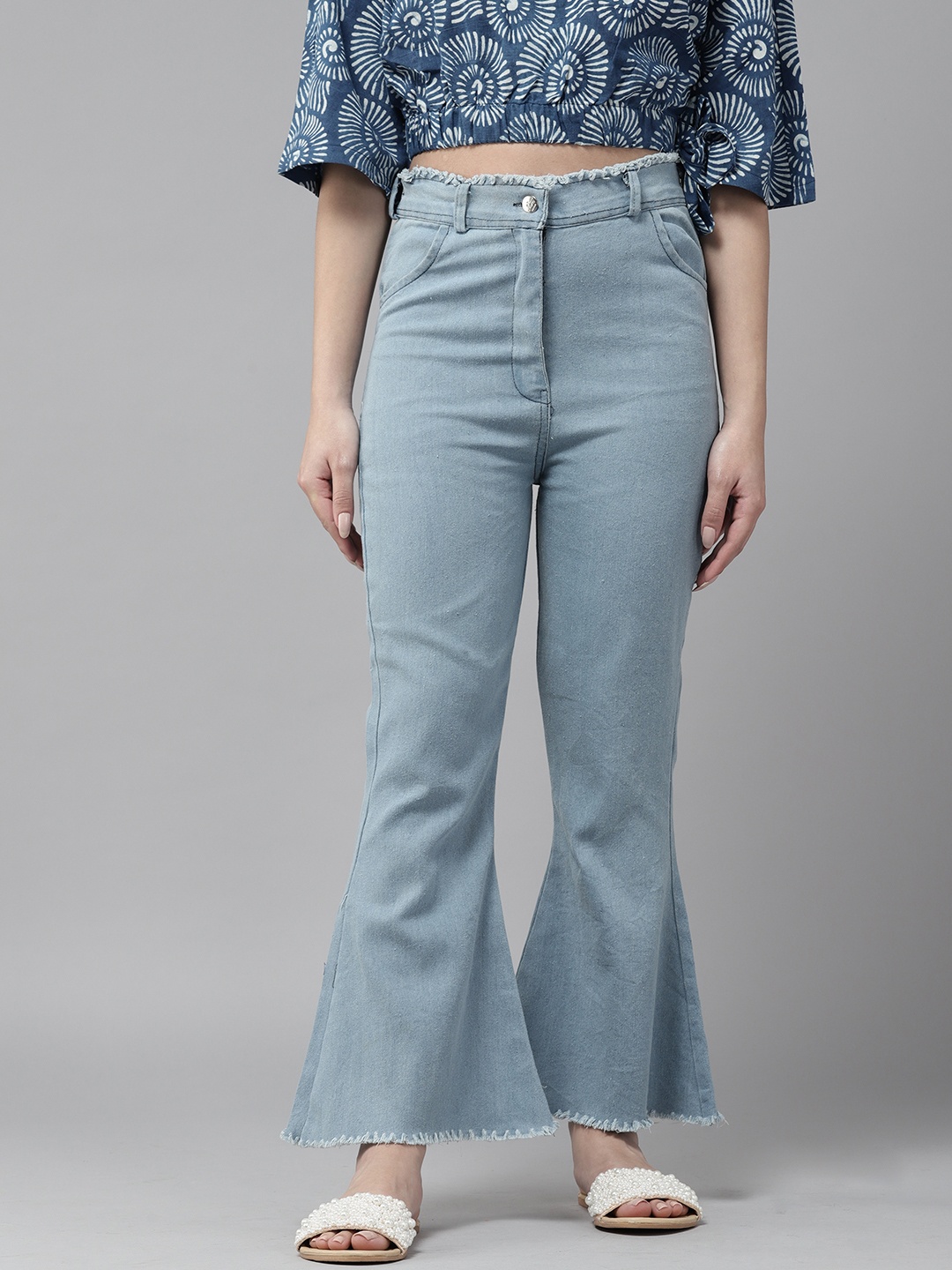 

Aarika Solid Flared Chambray Palazzos, Blue