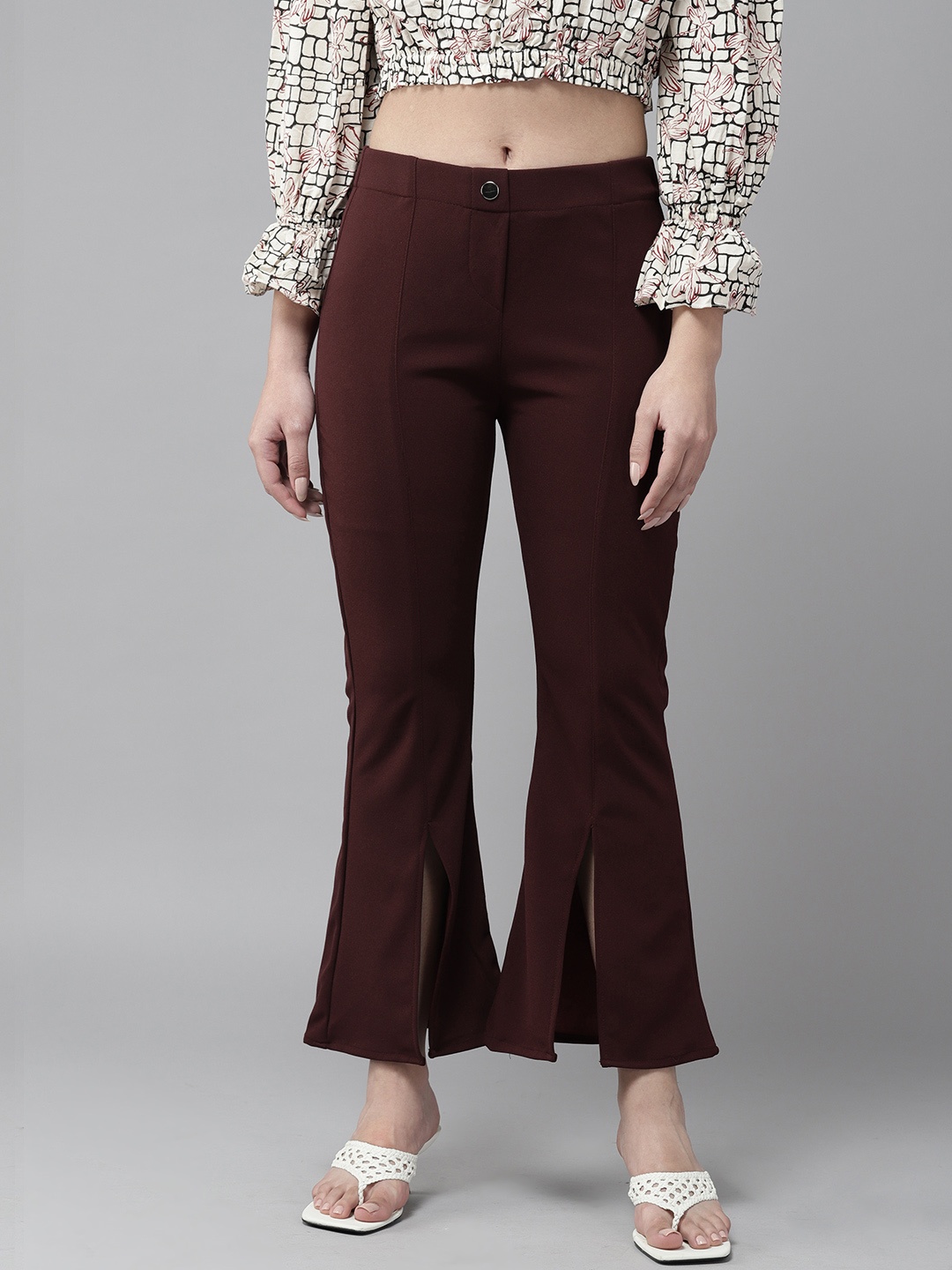

Aarika Solid Flared Chambray Palazzos, Maroon