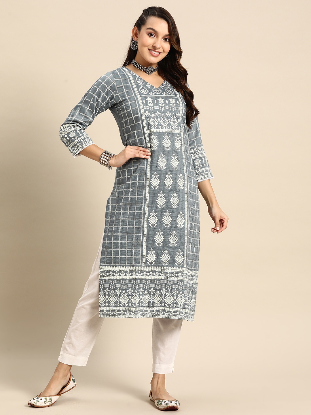 

Sangria Ethnic Motifs Printed Kurta, Grey