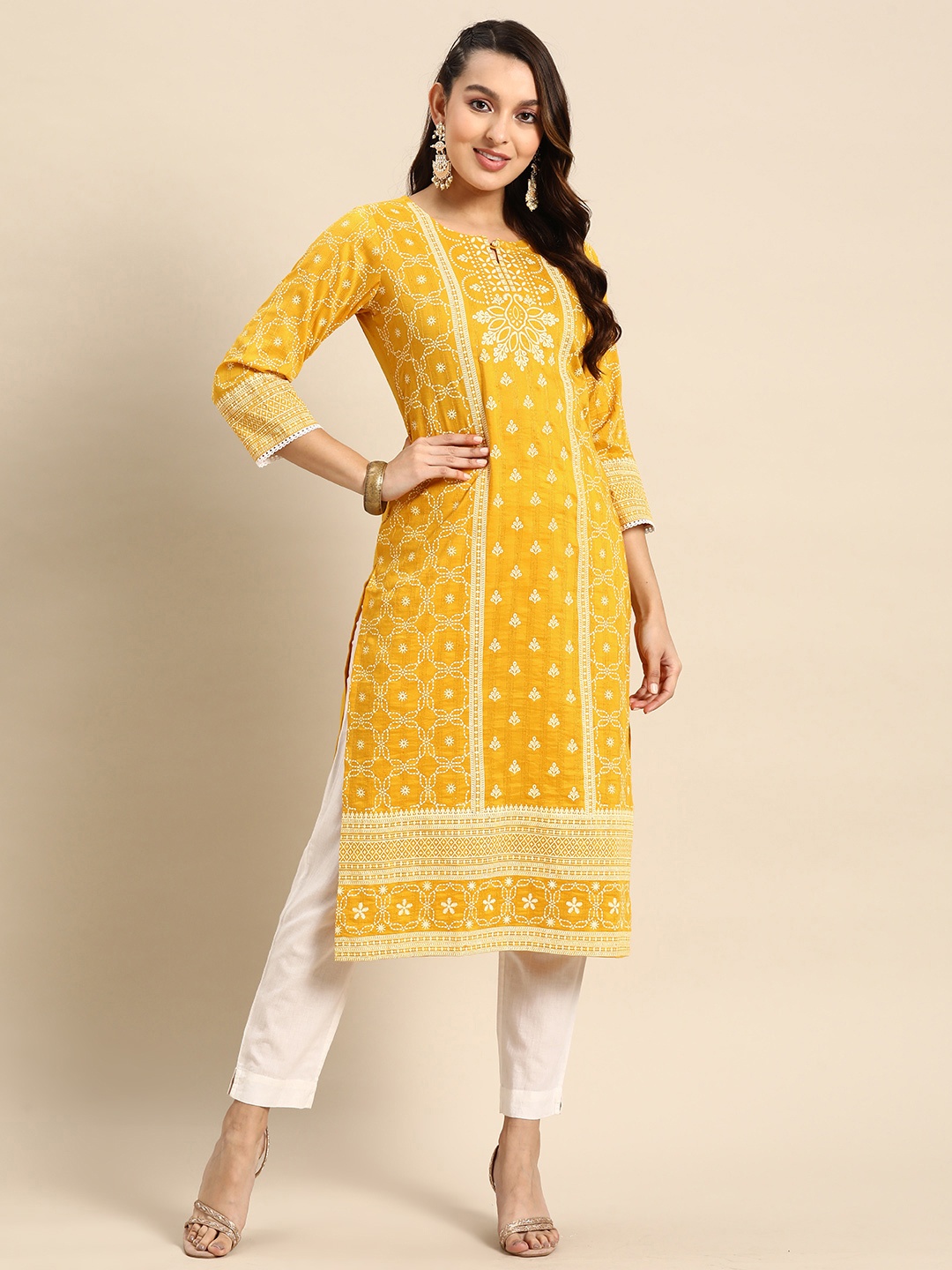 

Sangria Ethnic Motifs Printed Keyhole Neck Kurta, Yellow