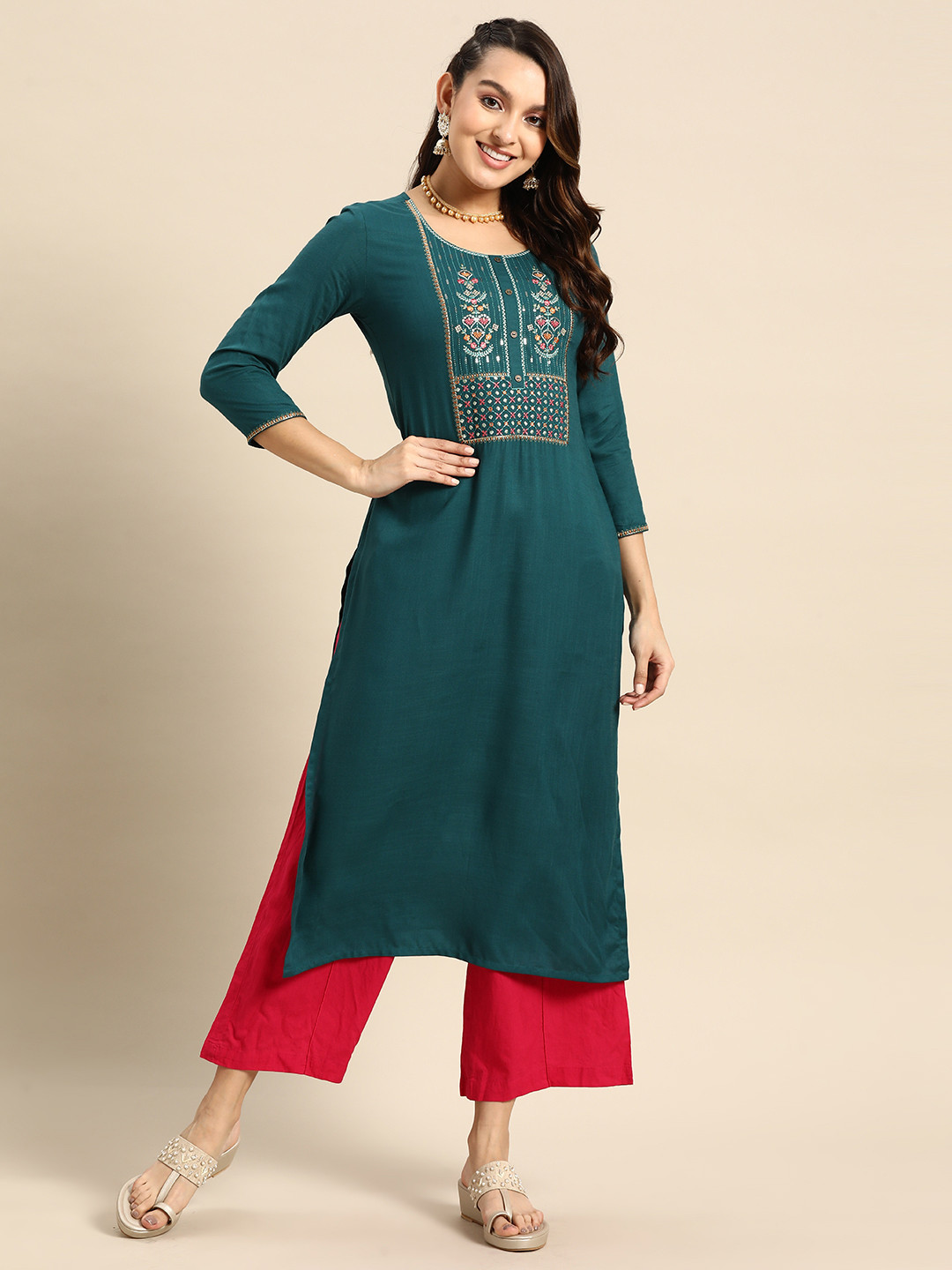 

Sangria Floral Yoke Design Kurta, Teal