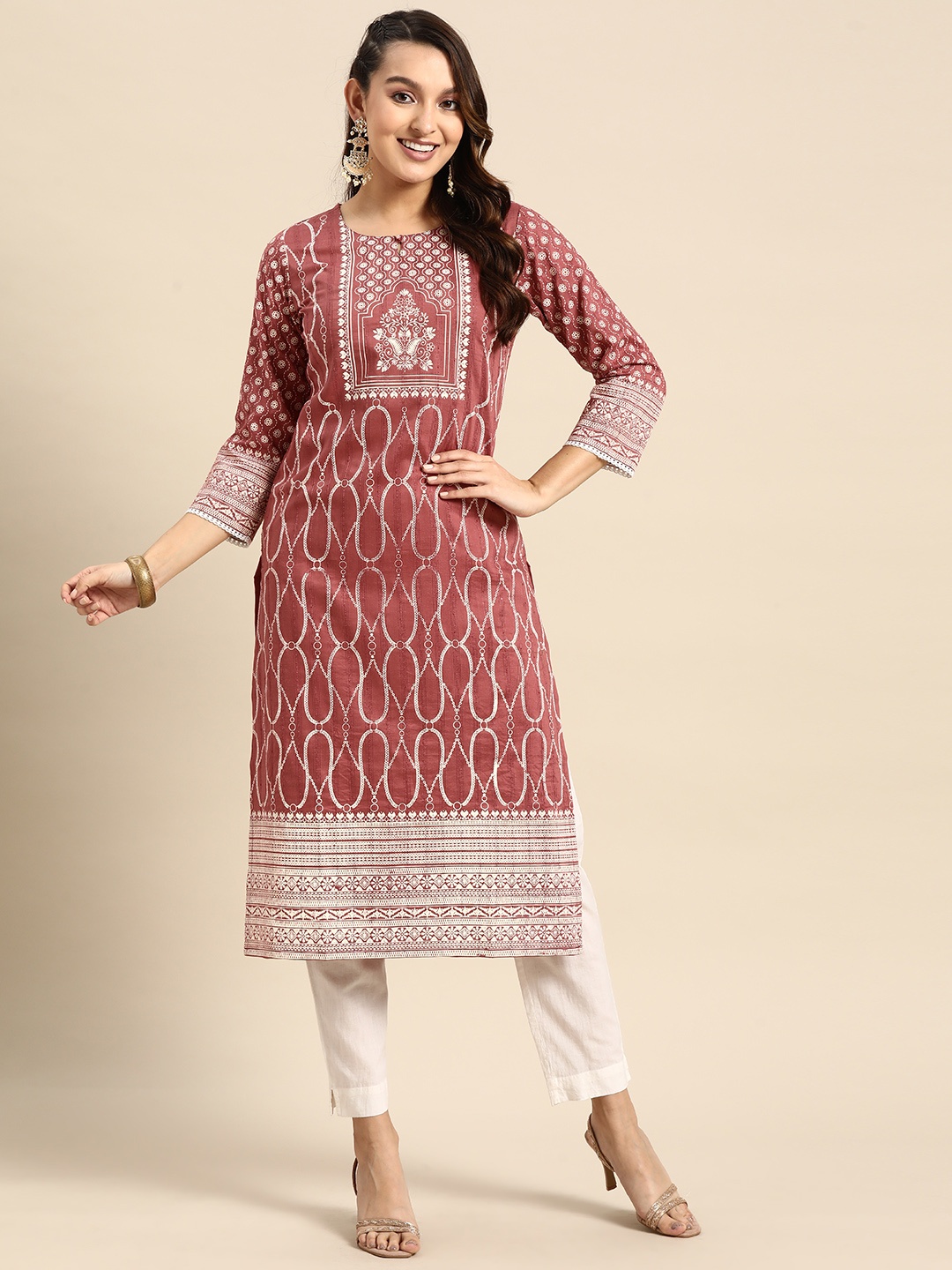 

Sangria Ethnic Motifs Printed Keyhole Neck Kurta, Mauve