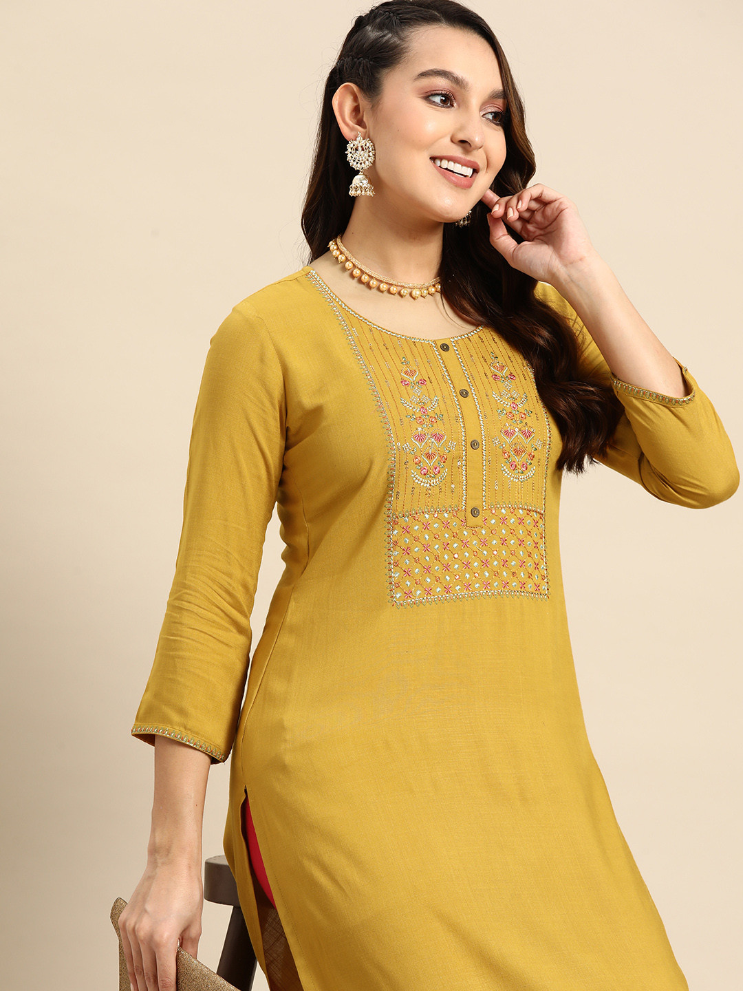 

Sangria Floral Yoke Design Kurta, Mustard