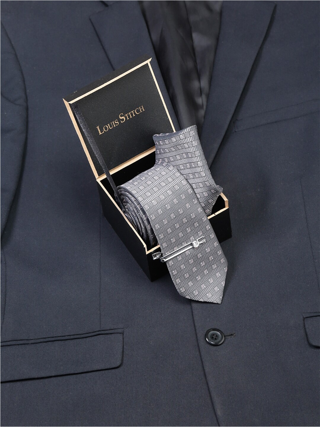 

LOUIS STITCH Men Checkerd Silk Necktie Accessory Gift Set, Grey