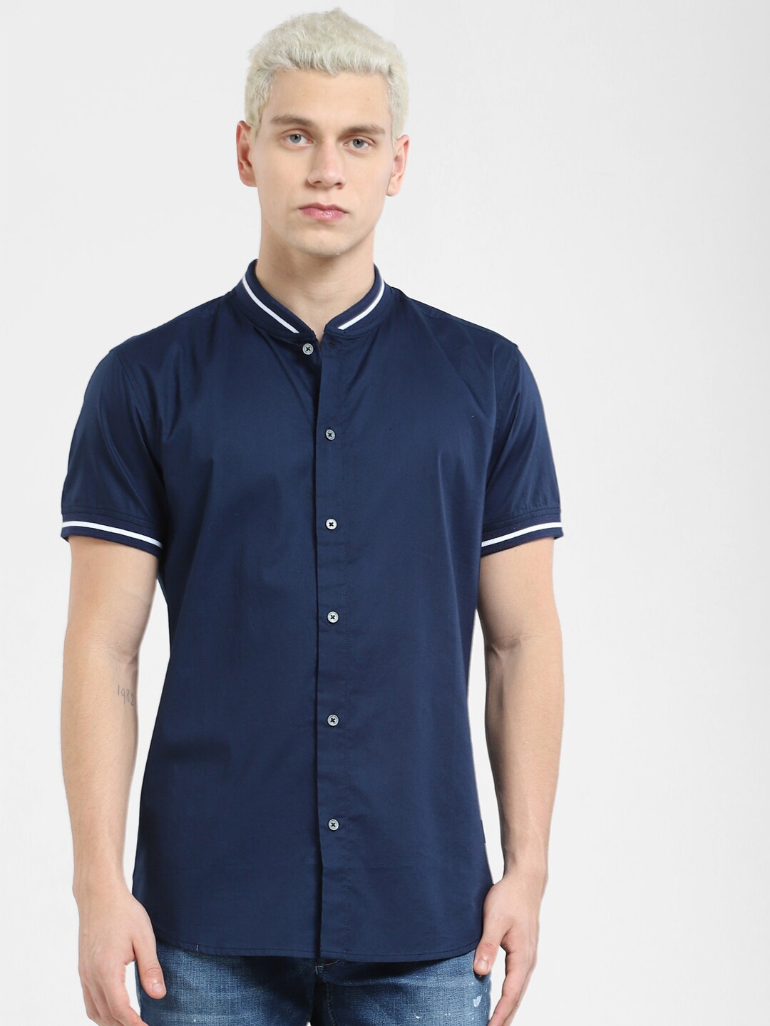 

Jack & Jones Men Band Collar Casual Cotton Shirt, Navy blue