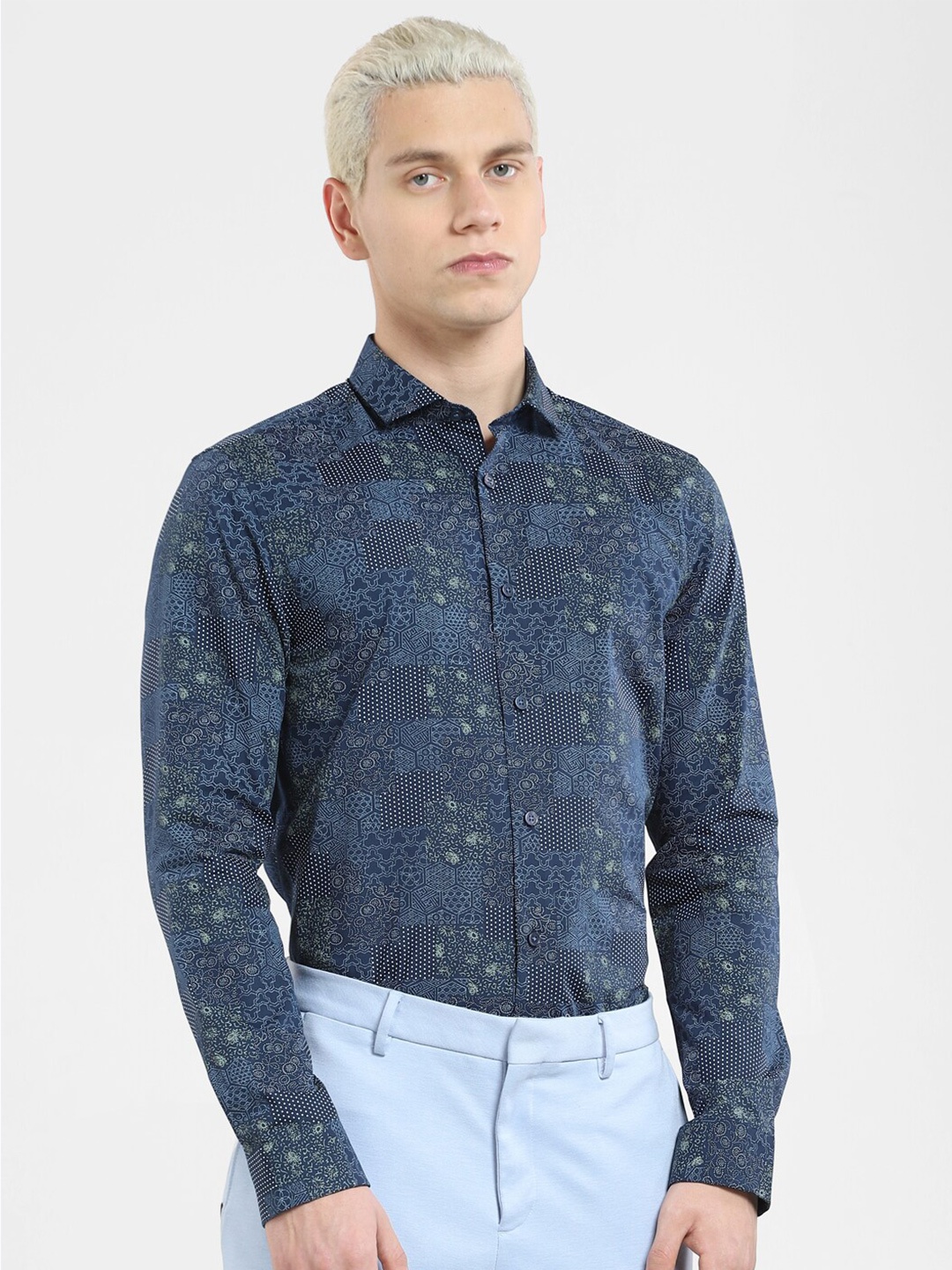 

Jack & Jones Men Slim Fit Spread Collar Graphic Printed Casual Cotton Shirt, Blue