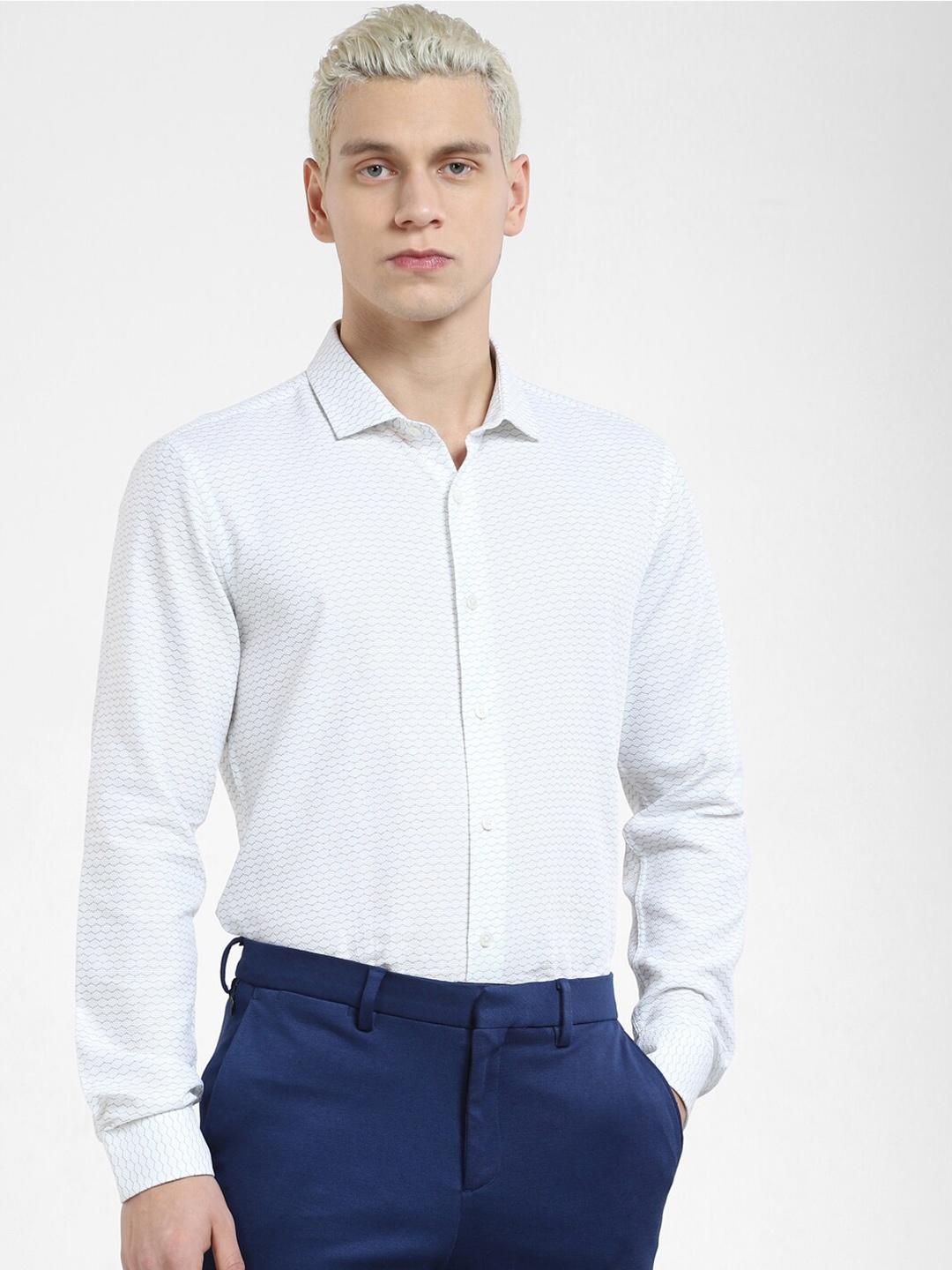 

Jack & Jones Men Slim Fit Geometric Printed Formal Cotton Shirt, White