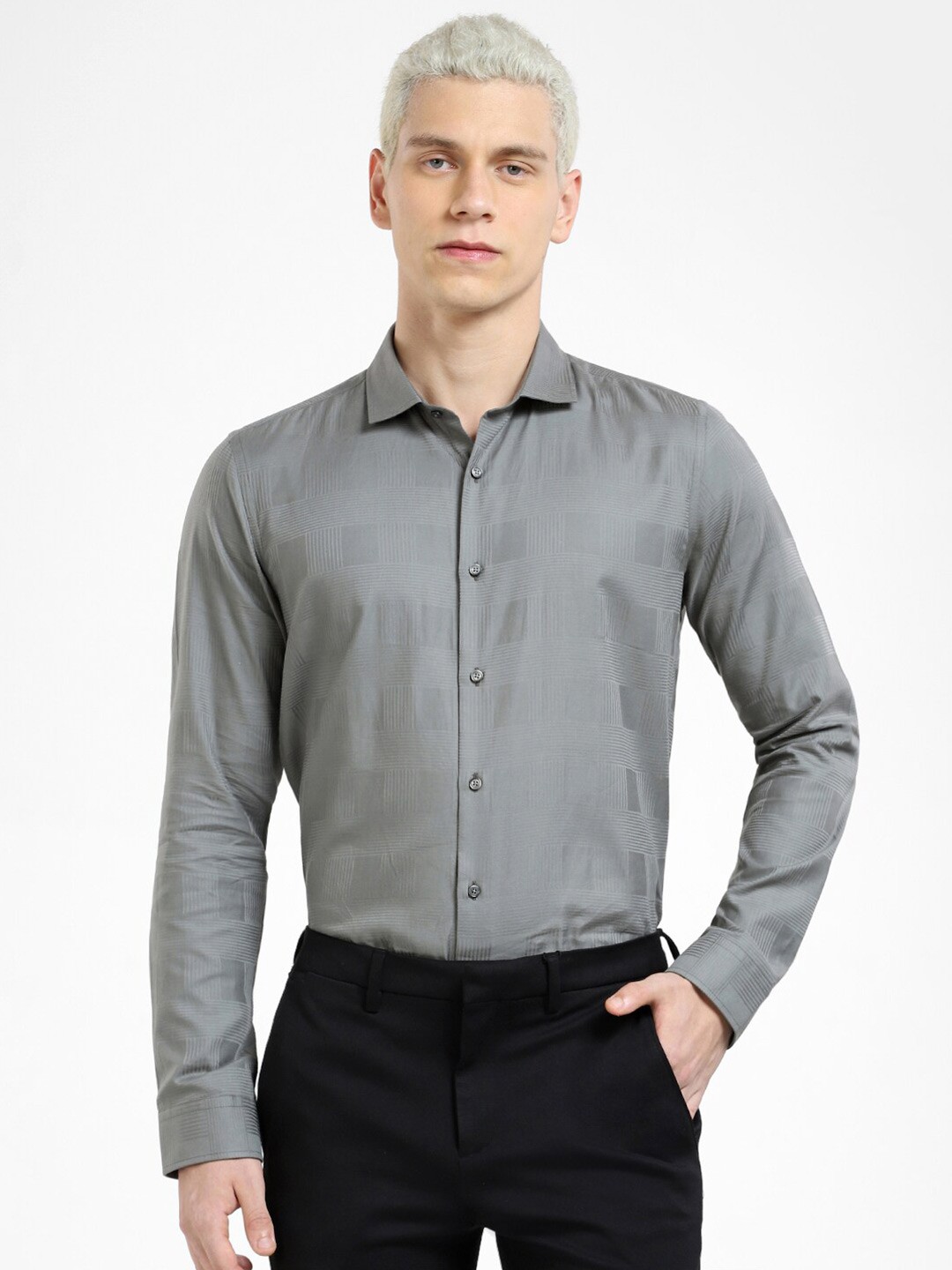

Jack & Jones Men Self Design Slim Fit Formal Cotton Shirt, Grey