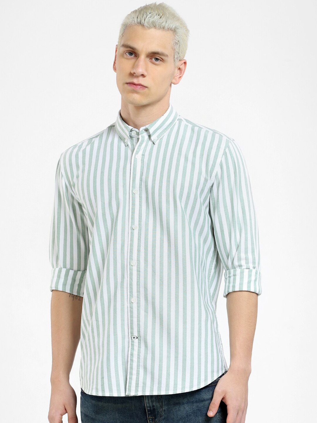 

Jack & Jones Men Striped Casual Cotton Shirt, Green