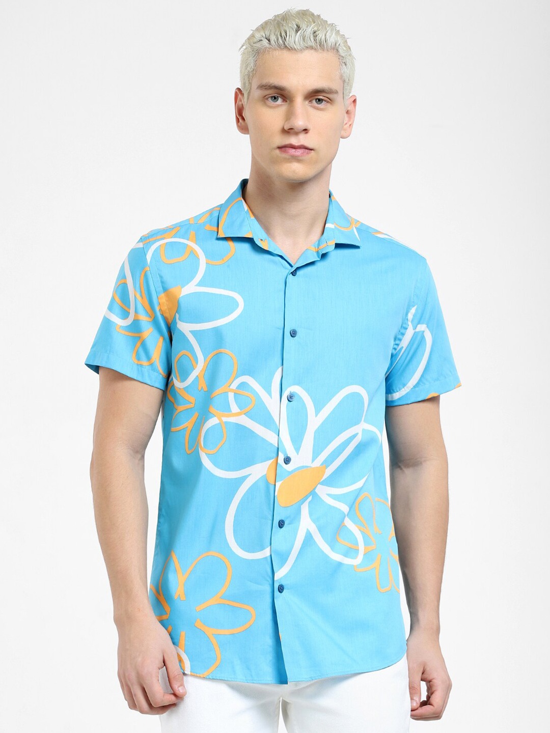 

Jack & Jones Men Floral Printed Casual Cotton Shirt, Turquoise blue