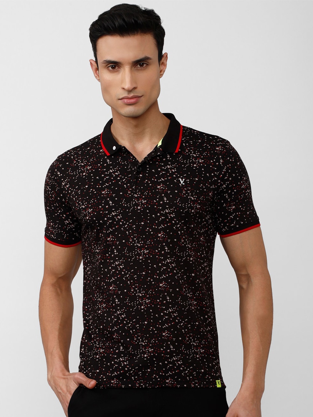 

V Dot Men Printed Polo Collar Slim Fit T-shirt, Black