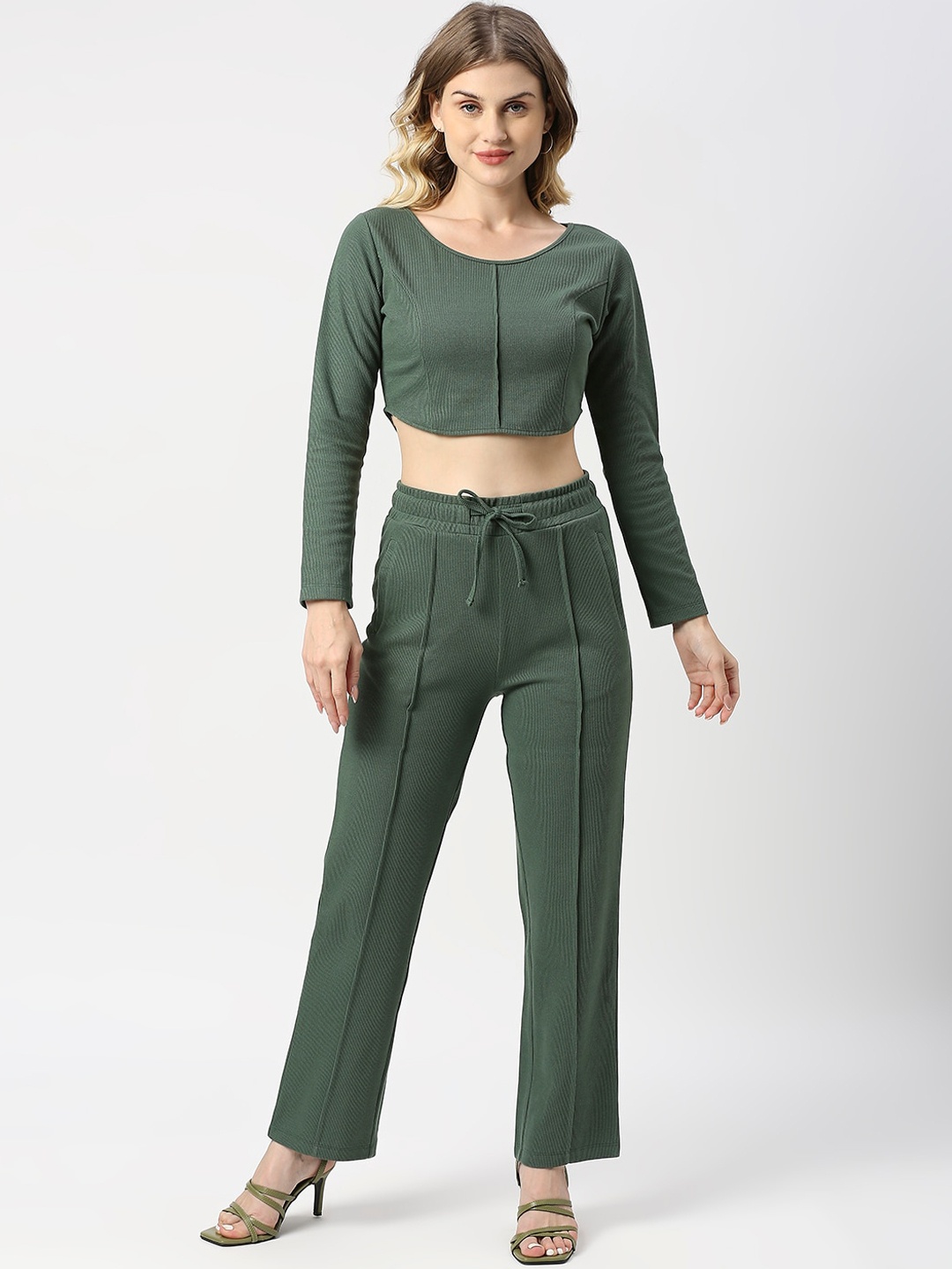 

Blamblack Women Paneled Top With Trousers Co-Ords, Olive