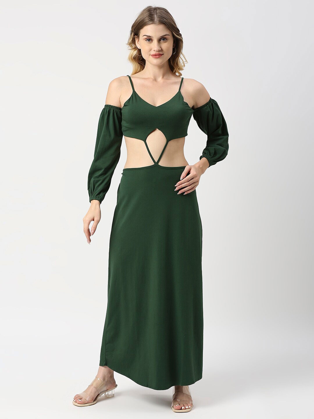 

Blamblack Puff Sleeves Cut-Out Detail Cotton Maxi Dress, Green