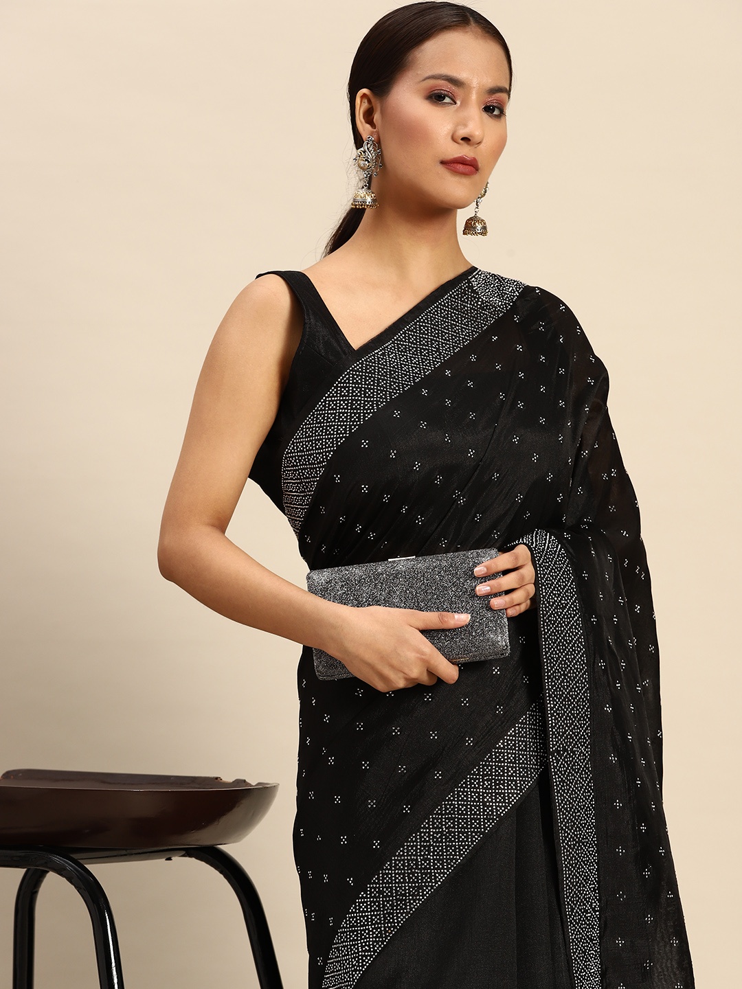 

all about you Ethnic Motifs Beads & Stones Saree, Black
