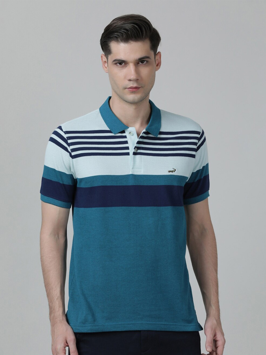 

Crocodile Men Striped Polo Collar Cotton Slim Fit T-shirt, Blue