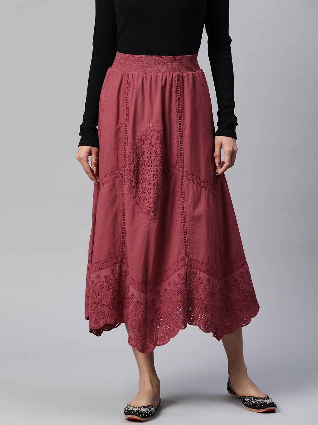 

Nayam By Lakshita Schiffli Pure Cotton Midi Skirt, Maroon