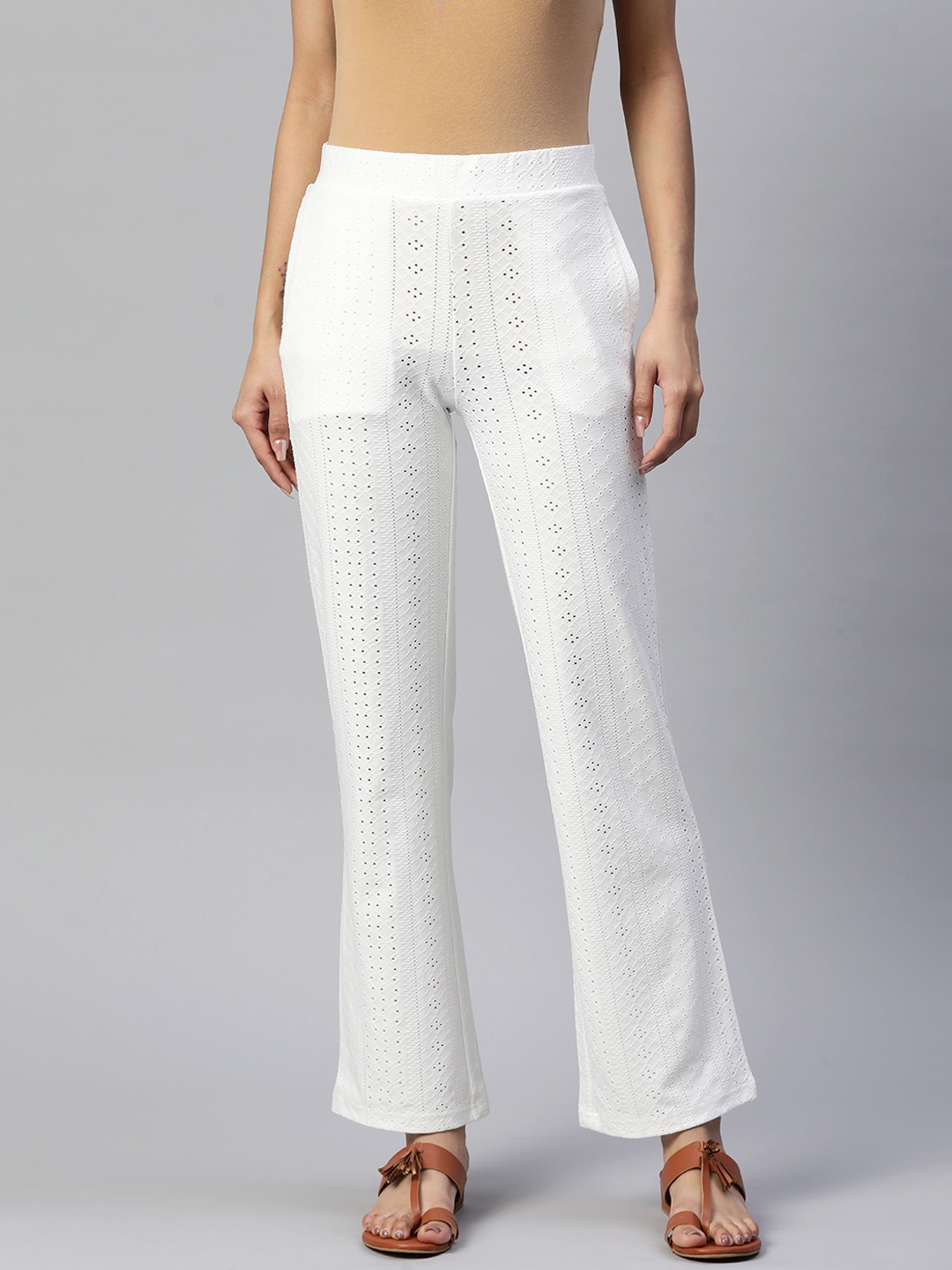 

Nayam By Lakshita Embroidered Schiffli Knitted Ethnic Palazzos, White
