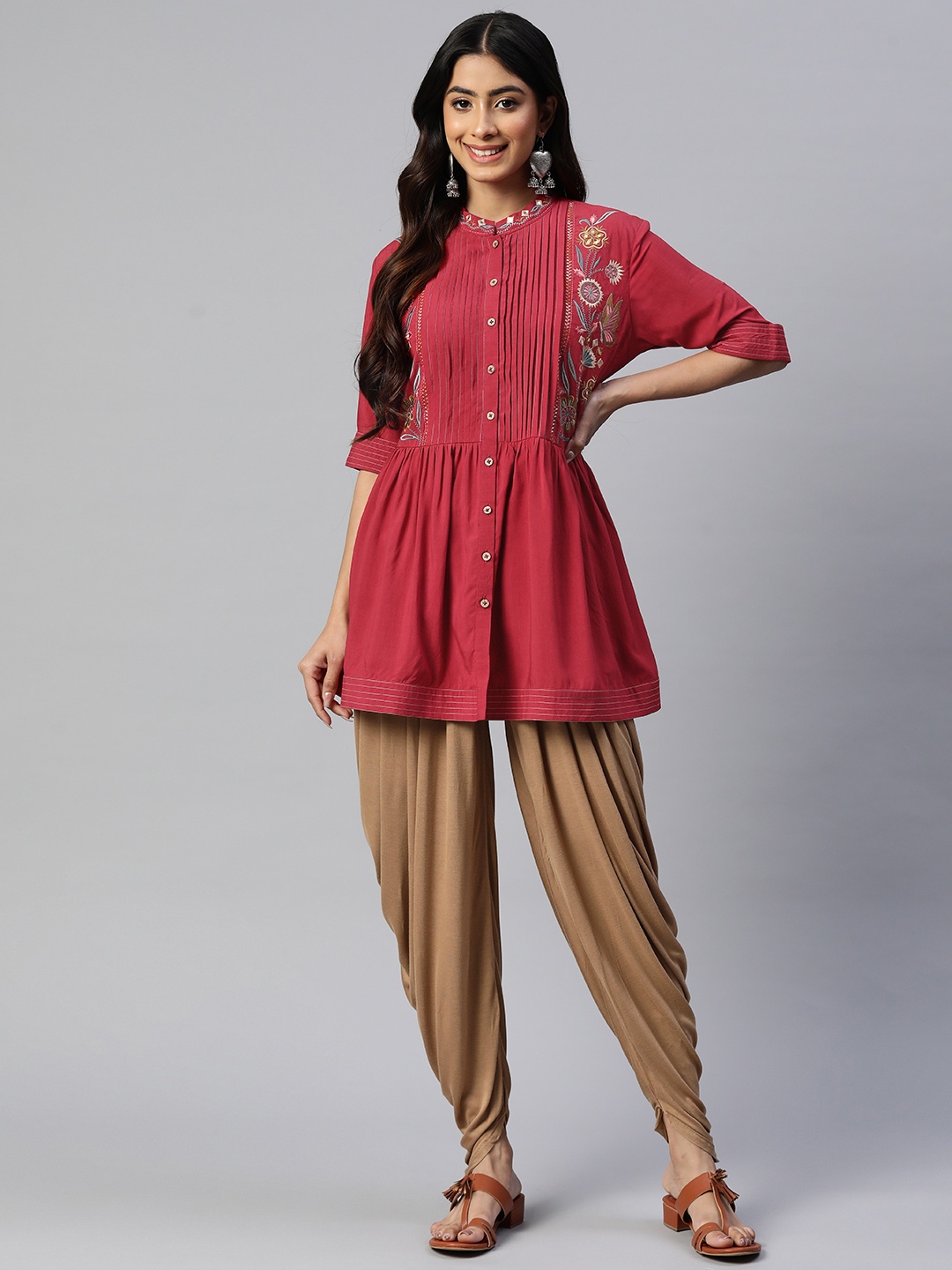 

Nayam By Lakshita Floral Embroidered Mirror Work Kurti With Dhoti Pants, Red