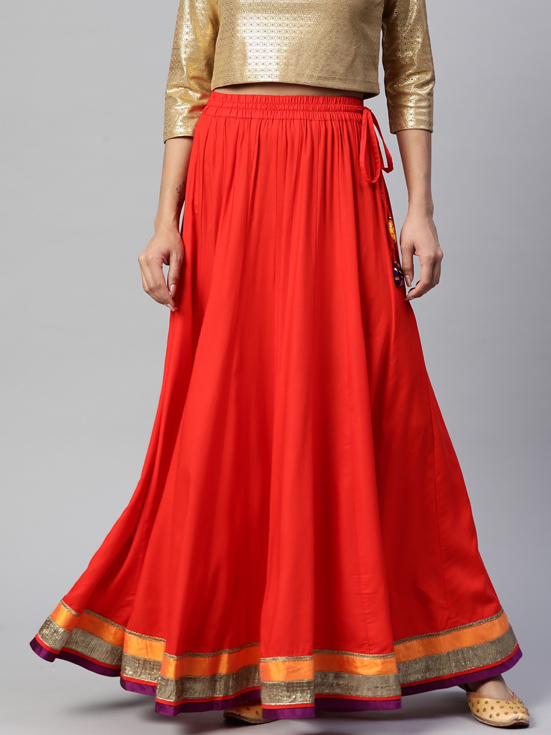 

Nayam By Lakshita Striped Zari Maxi Flared Lehenga Ethnic Skirt, Orange