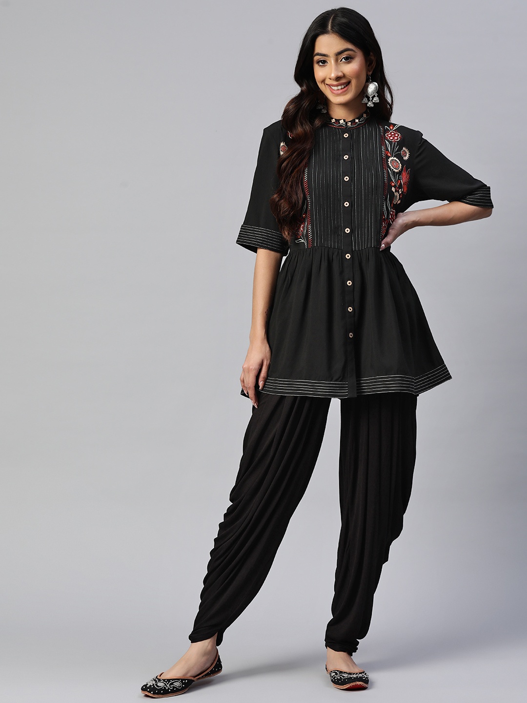 

Nayam By Lakshita Floral Embroidered Mirror Work Kurti With Dhoti Pants, Black