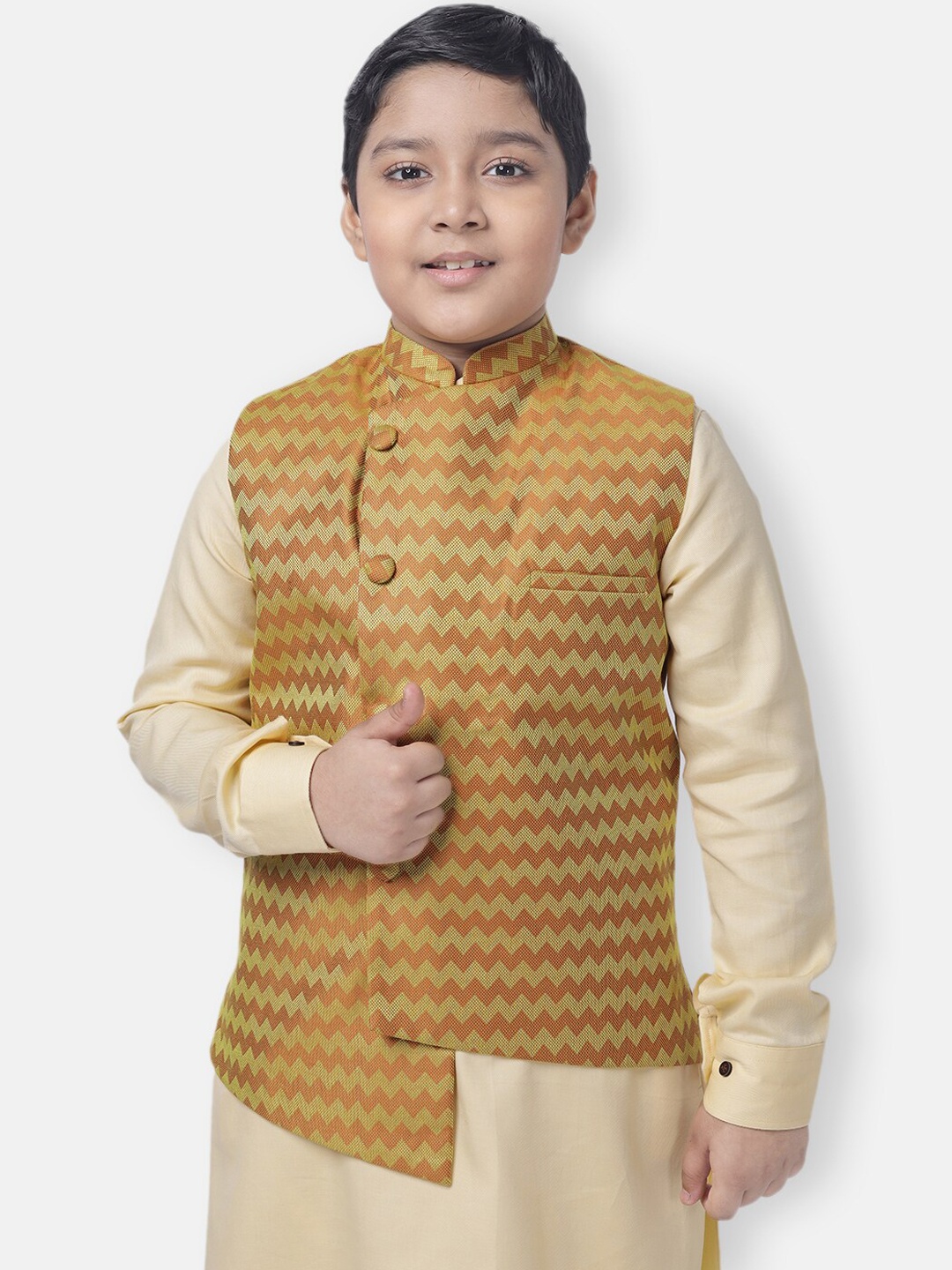 

NAMASKAR Boys Pure Cotton Woven Nehru Jacket, Mustard