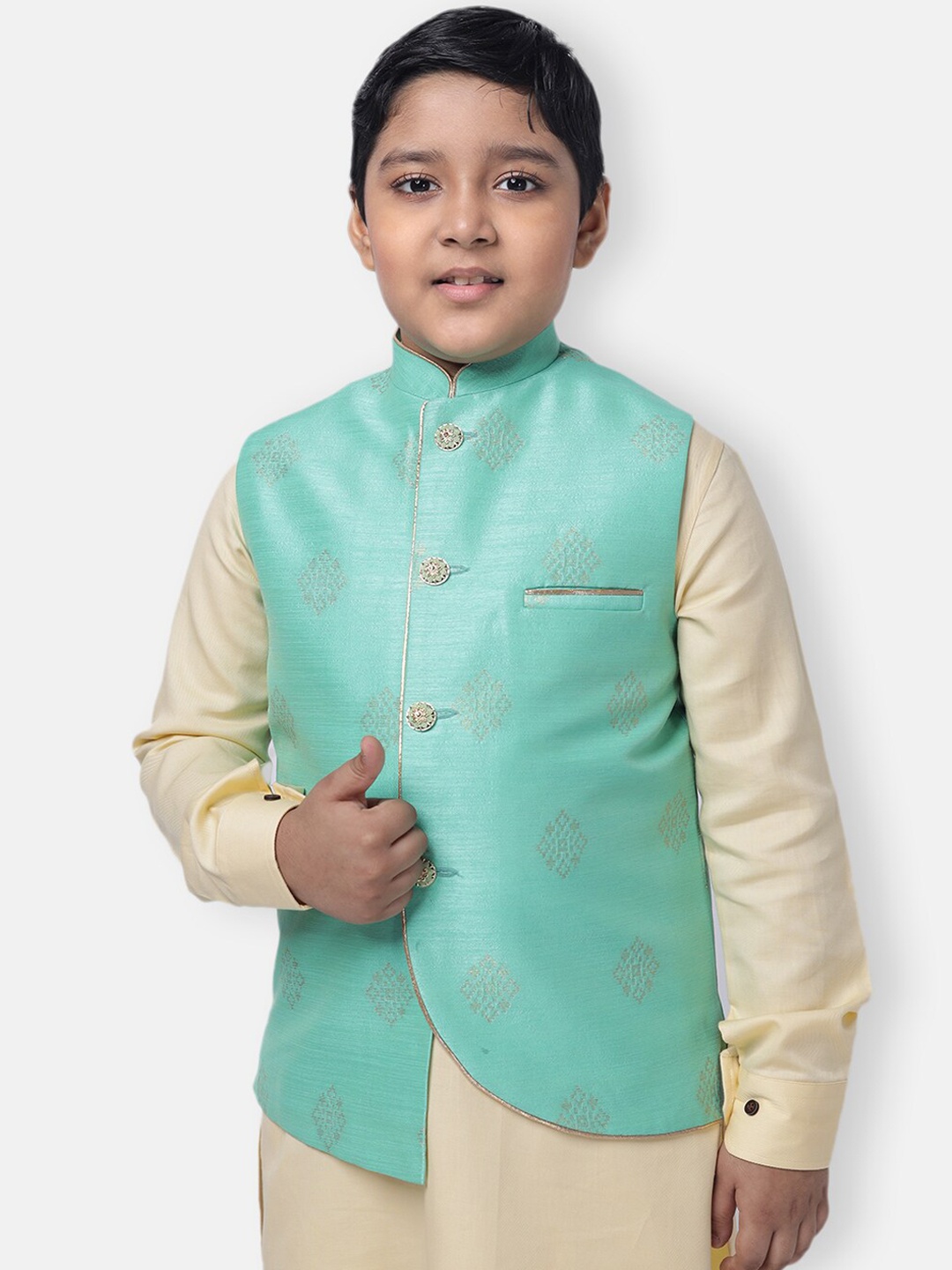 

NAMASKAR Boys Printed Pure Silk Woven Nehru Jacket, Green