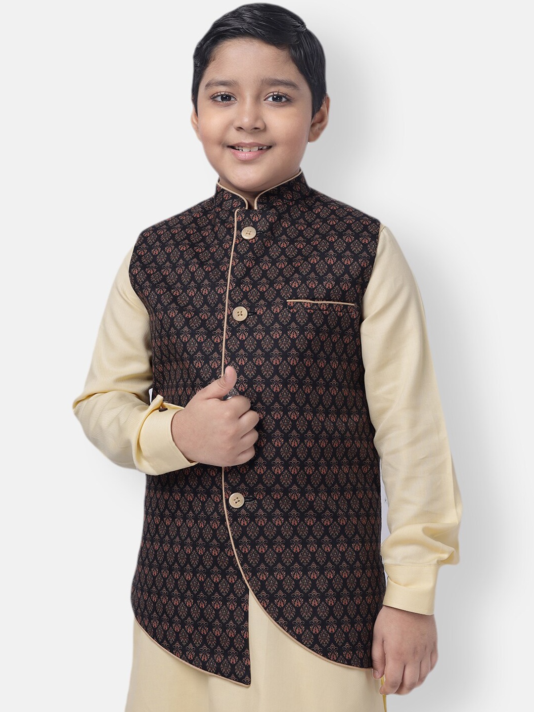 

NAMASKAR Boys Printed Pure Cotton Woven Nehru Jacket, Black