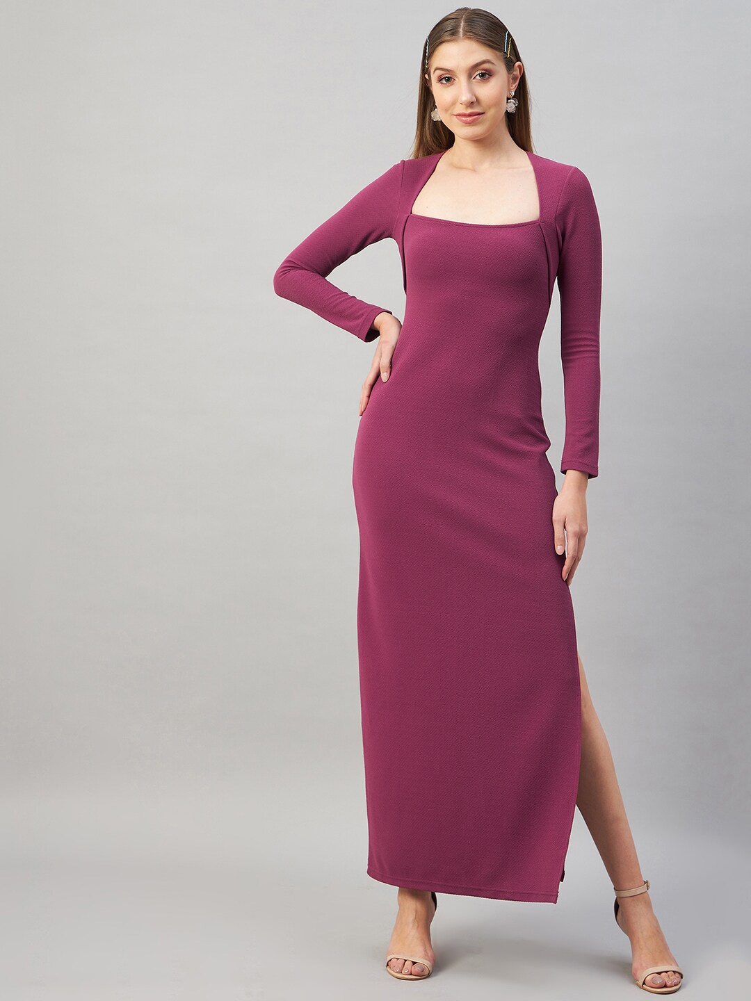 

Orchid Blues Square Neck Long Sleeves Maxi Sheath Dress, Mauve