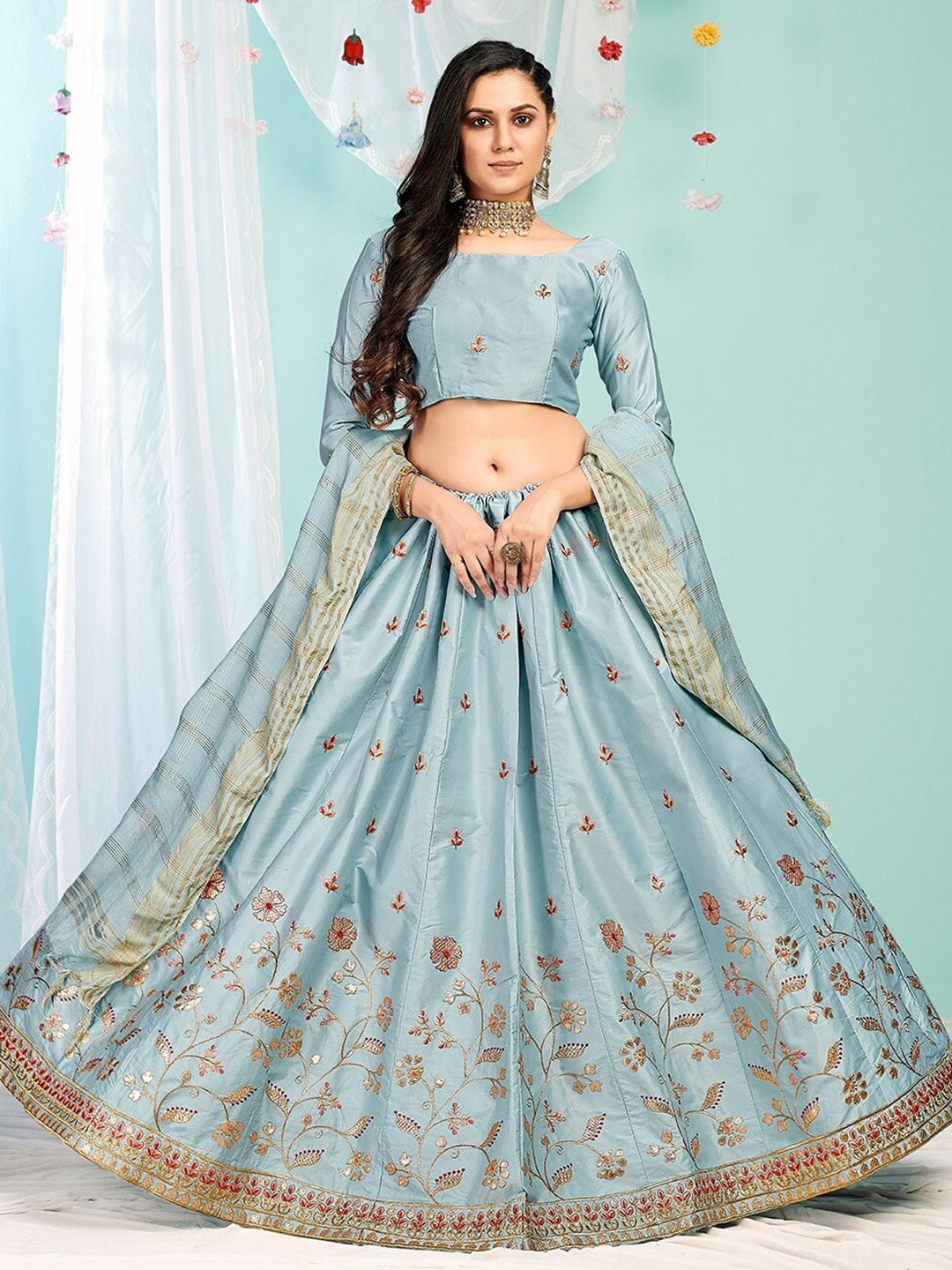 

Fashionuma Embroidered Thread Work Semi-Stitched Lehenga & Unstitched Blouse With Dupatta, Blue