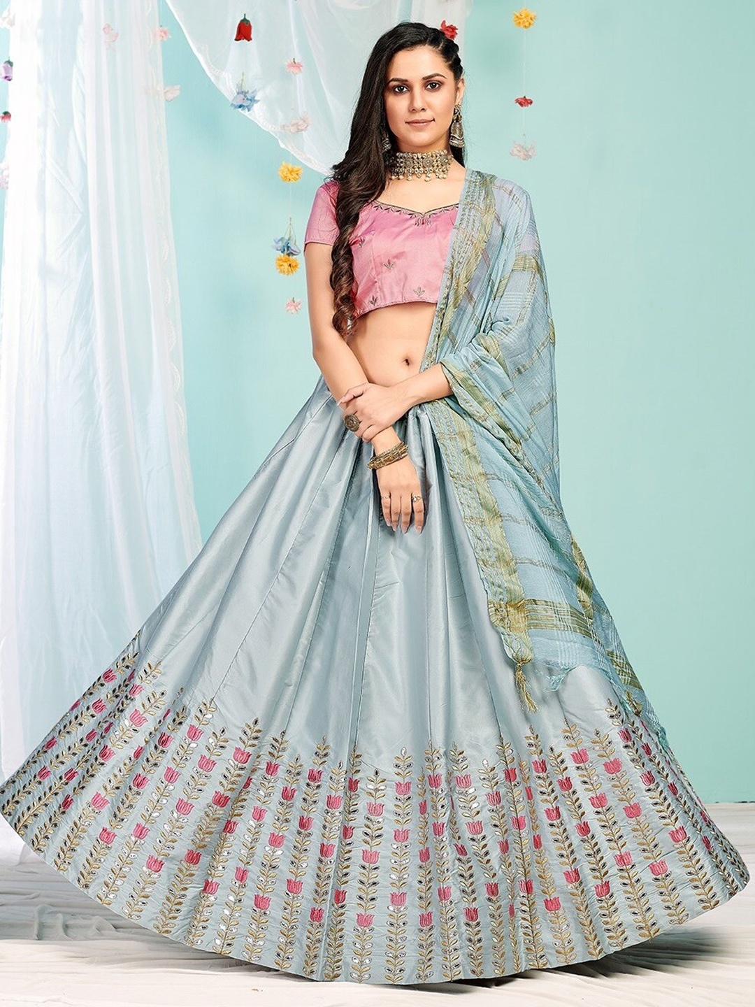 

Fashionuma Embroidered Thread Work Semi-Stitched Lehenga & Unstitched Blouse With Dupatta, Blue