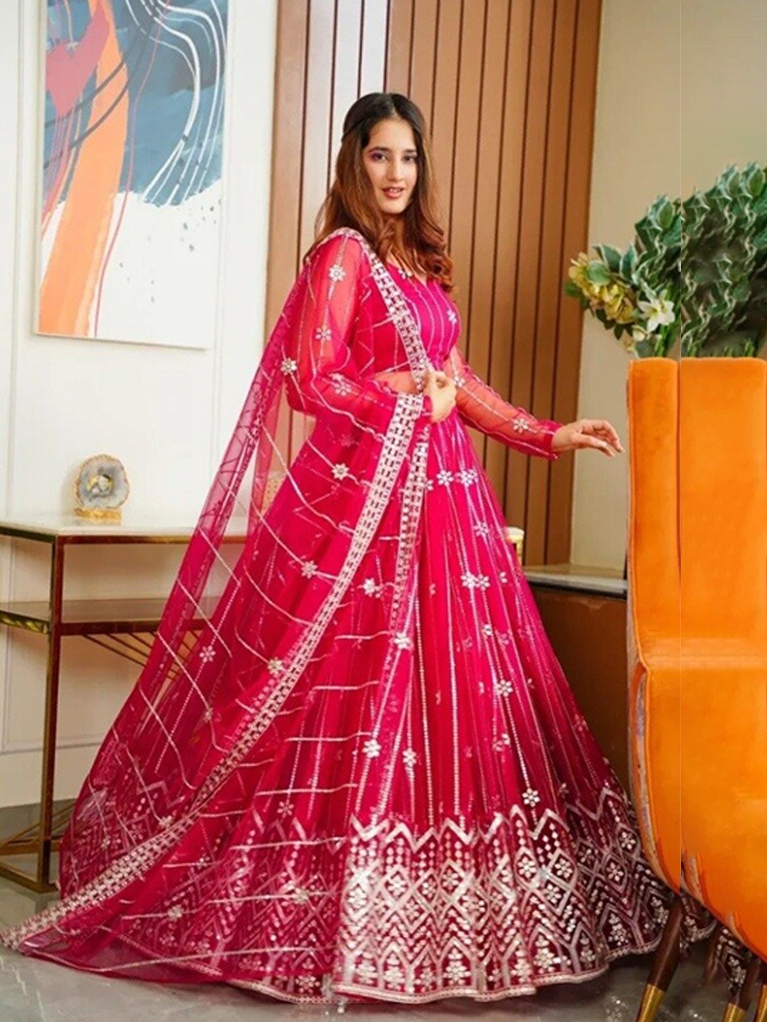 

Fashionuma Embroidered Thread Work Semi-Stitched Lehenga & Unstitched Blouse With Dupatta, Pink