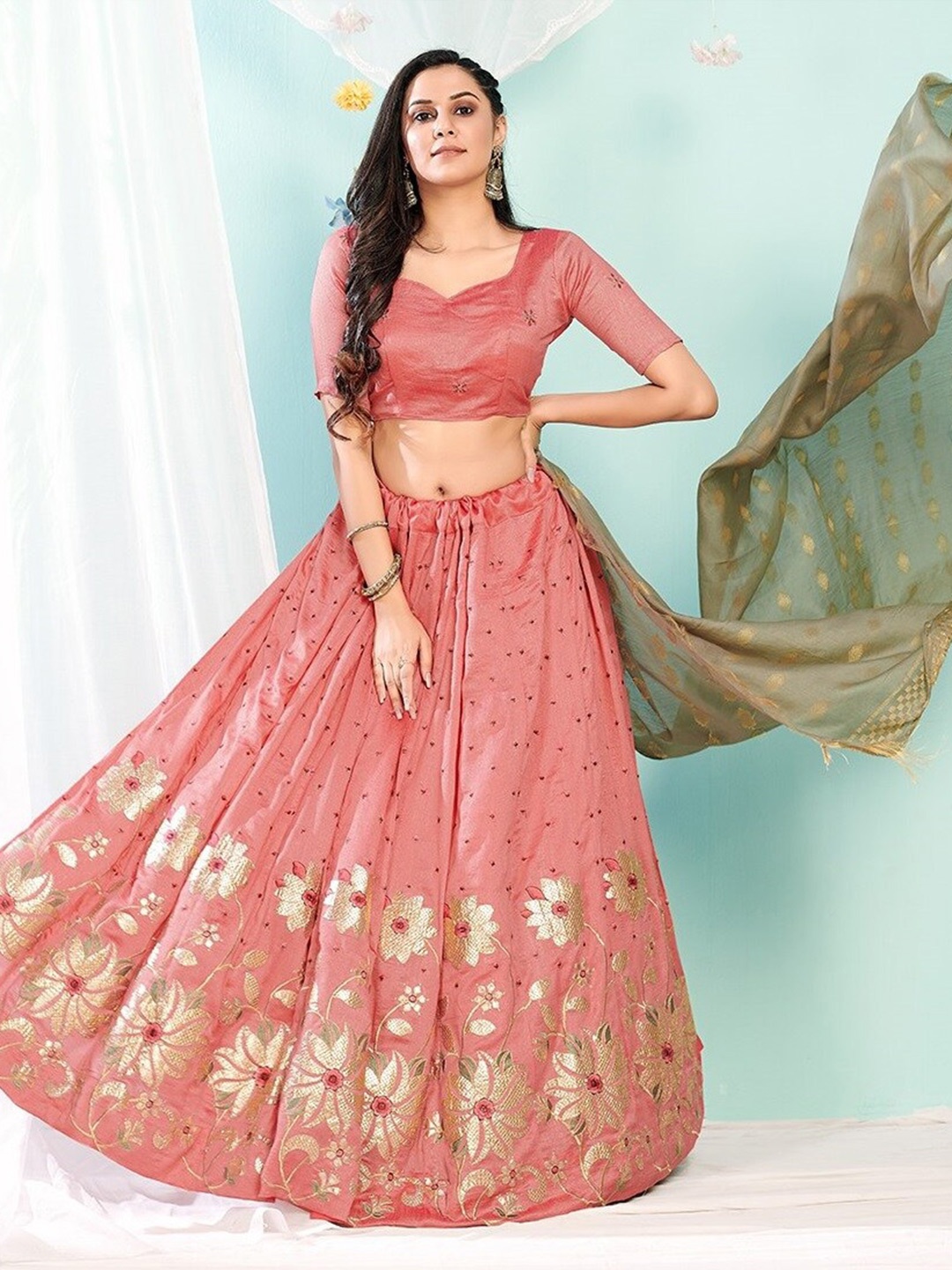 

Fashionuma Embroidered Thread Work Semi-Stitched Lehenga & Unstitched Blouse With, Peach