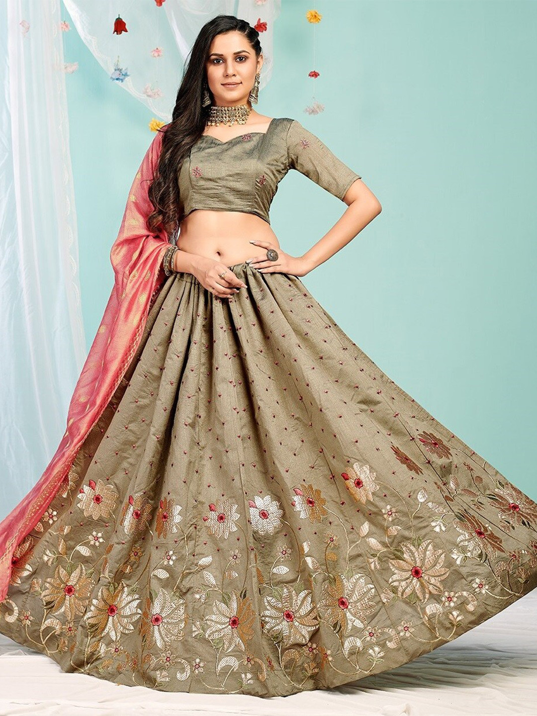 

Fashionuma Embroidered Thread Work Semi-Stitched Lehenga & Unstitched Blouse With Dupatta, Green