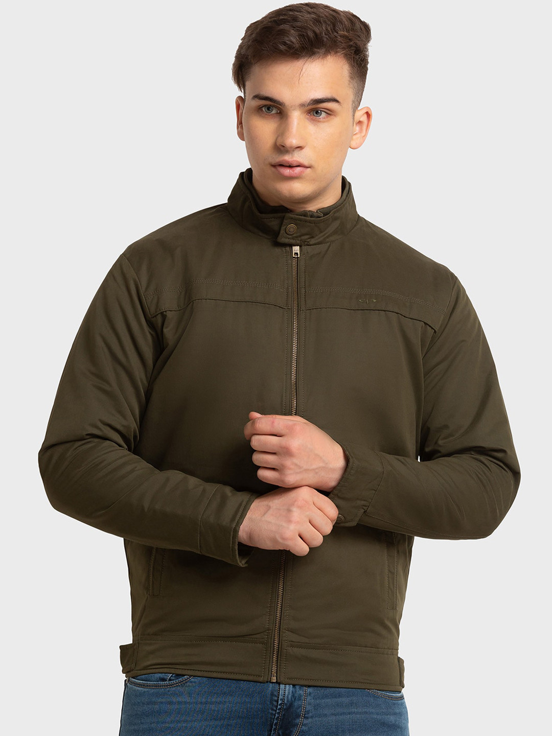 

ColorPlus Men Mock Collar Long Sleeves Bomber Jacket, Olive