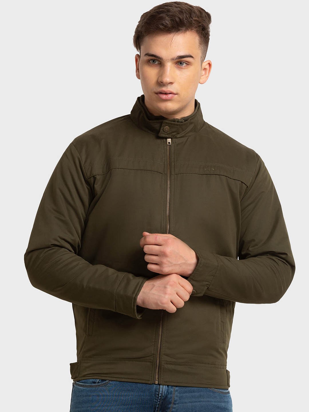 

ColorPlus Men Mock Collar Long Sleeves Bomber Jacket, Olive