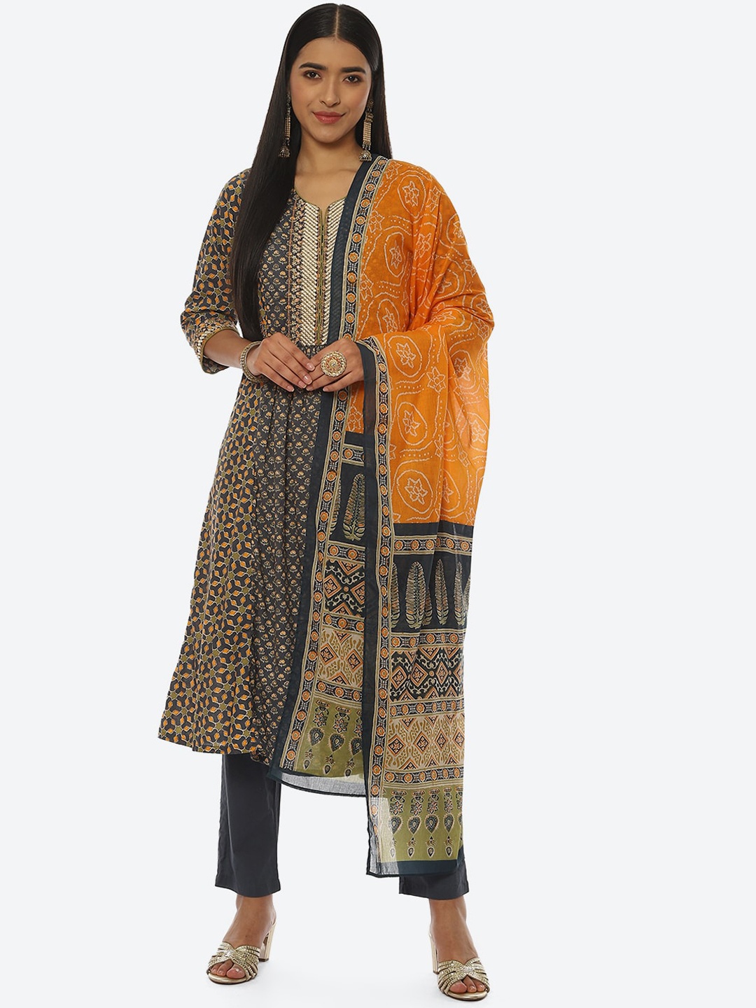 

Biba Ethnic Motifs Printed Kurta with Trousers & Dupatta, Grey