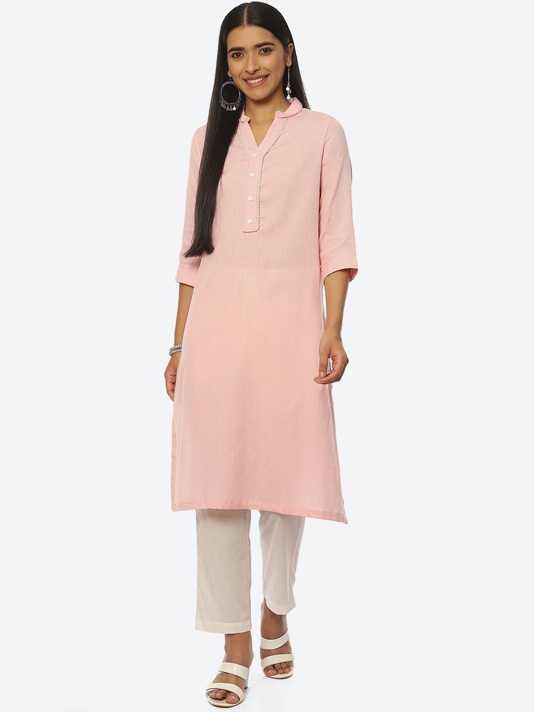

Biba Women Plus Size Pure Cotton Striped Mandarin Collar Kurta, Pink