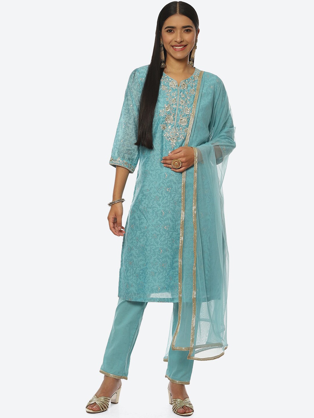 

Biba Printed Kurta with Trousers, Turquoise blue
