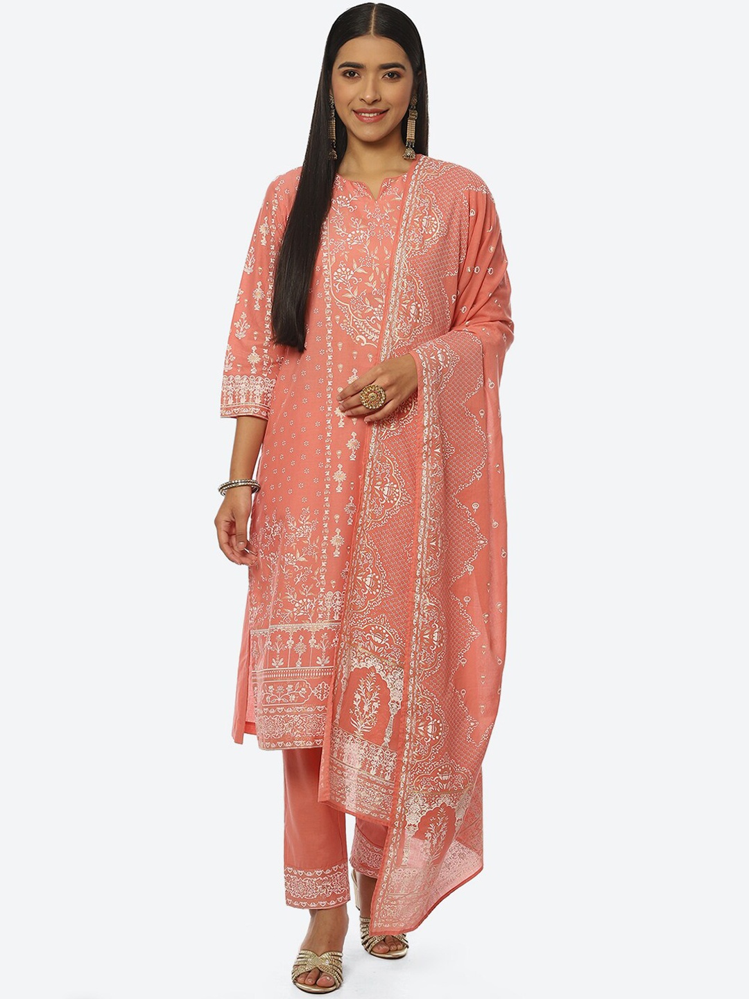 

Biba Women Floral Printed Kurta with Trousers & Dupatta, Coral