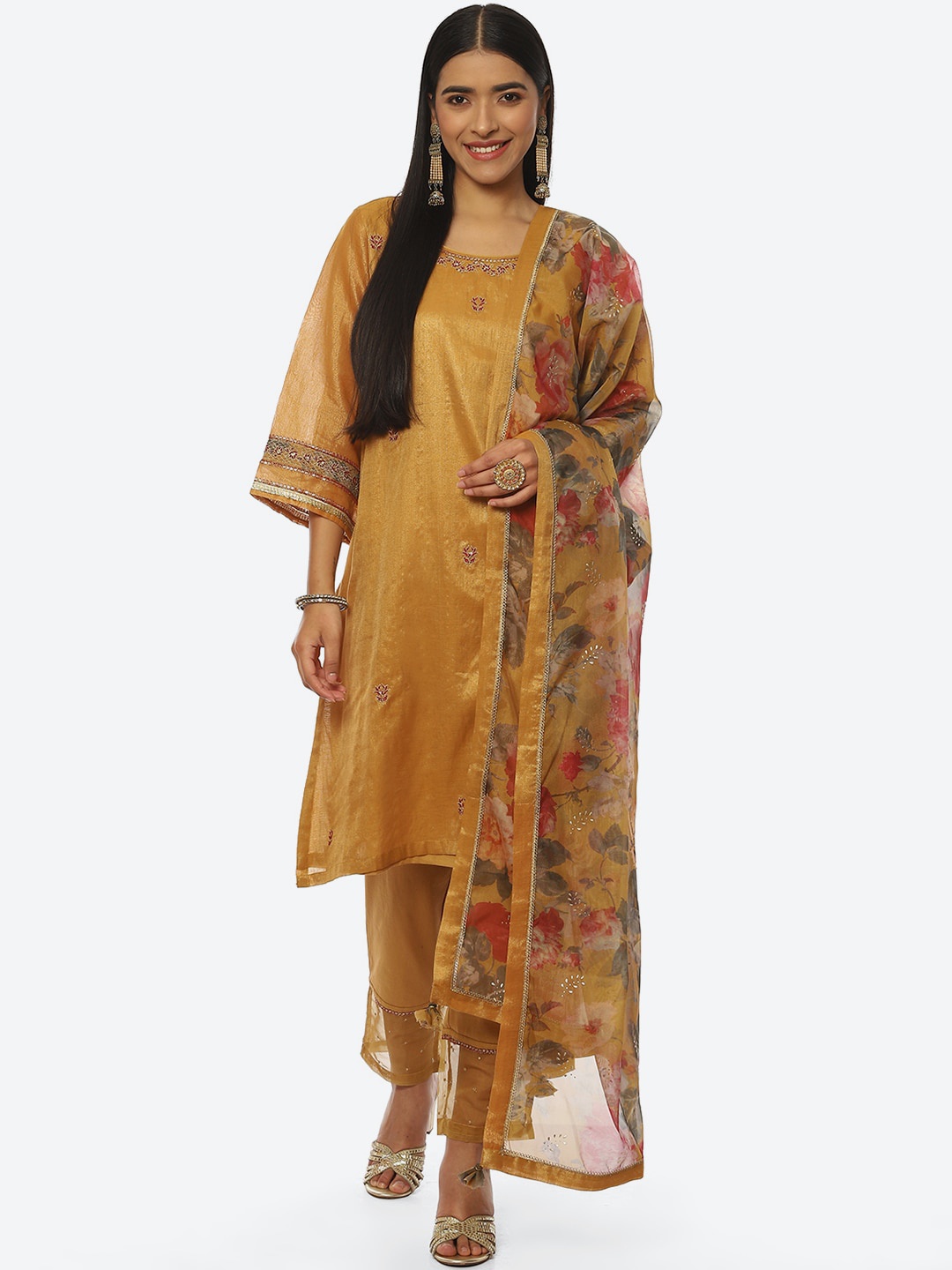 

Biba Women Plus Size Floral Embroidered Kurta with Trousers & With Dupatta, Mustard