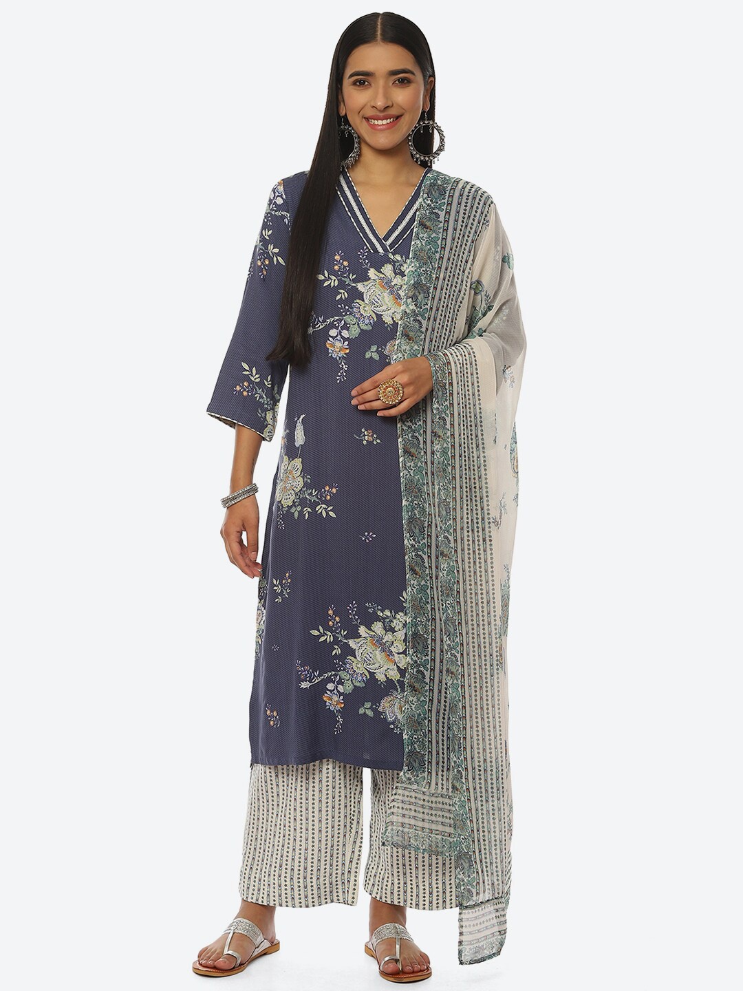 

Biba Women Plus Size Floral Printed Kurta with Palazzos & With Dupatta, Blue